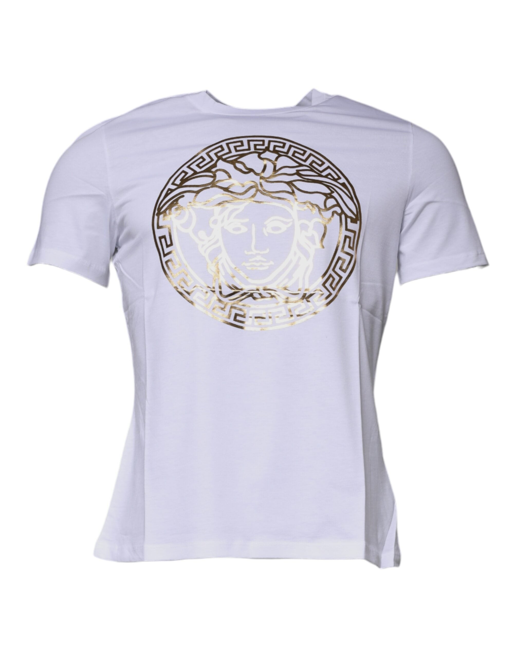T-shirt blanc en coton Versace avec impression Medusa, col rond, style élégant et iconique.