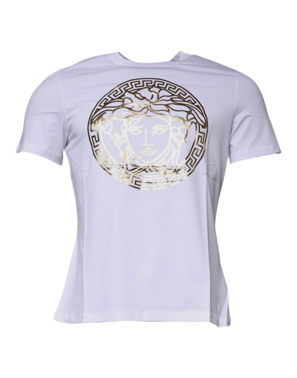 T-shirt blanc en coton Versace avec motif Medusa, col rond et logo emblématique, vue de face.