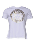 T-shirt blanc en coton Versace avec motif Medusa, col rond et logo emblématique, vue de face.