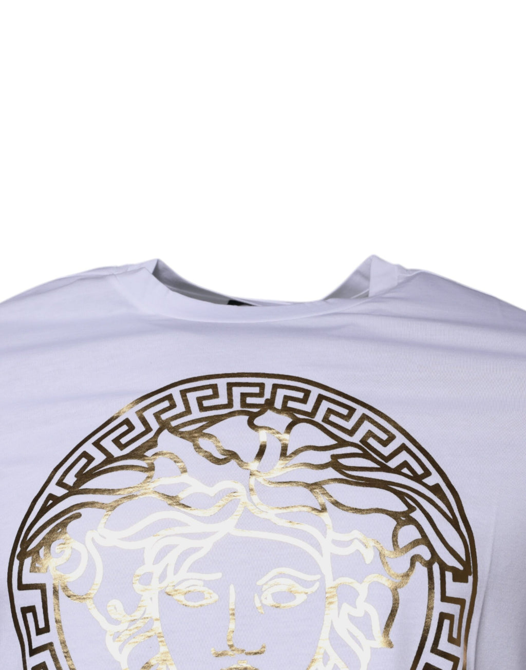 T-shirt blanc en coton Versace avec imprimé Medusa, col rond, style décontracté, visible dans l'image.