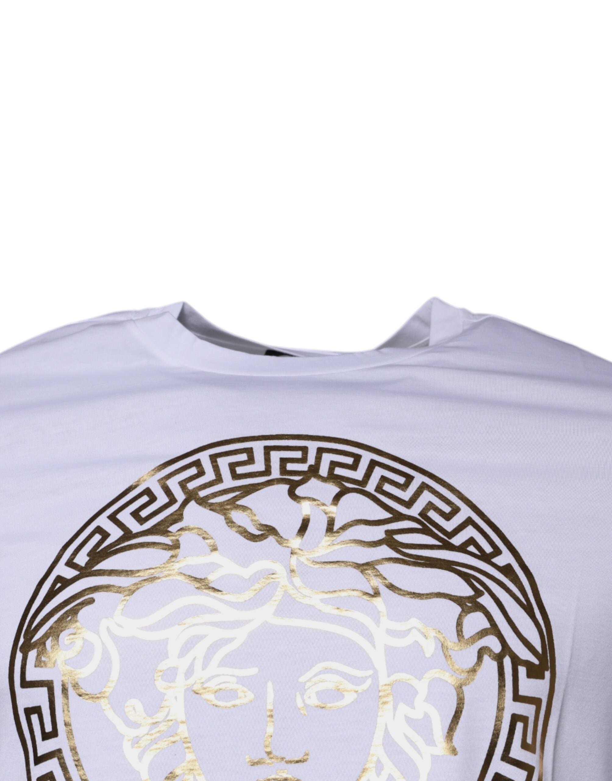 T-shirt blanc en coton Versace avec imprimé Medusa, col rond, style décontracté, visible dans l'image.