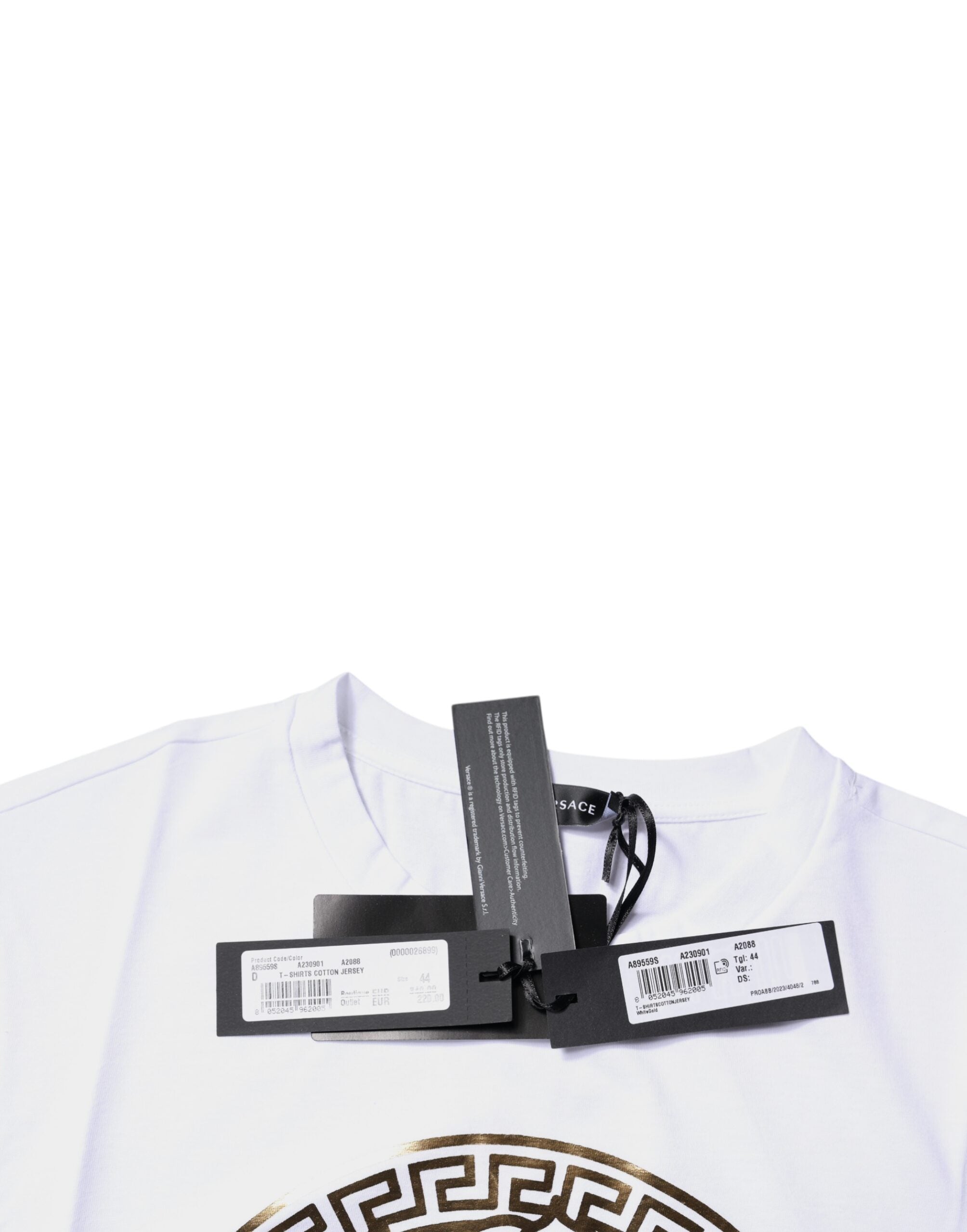 T-shirt blanc en coton Versace avec imprimé Medusa, col ras du cou et logo distinctif, vue de face.