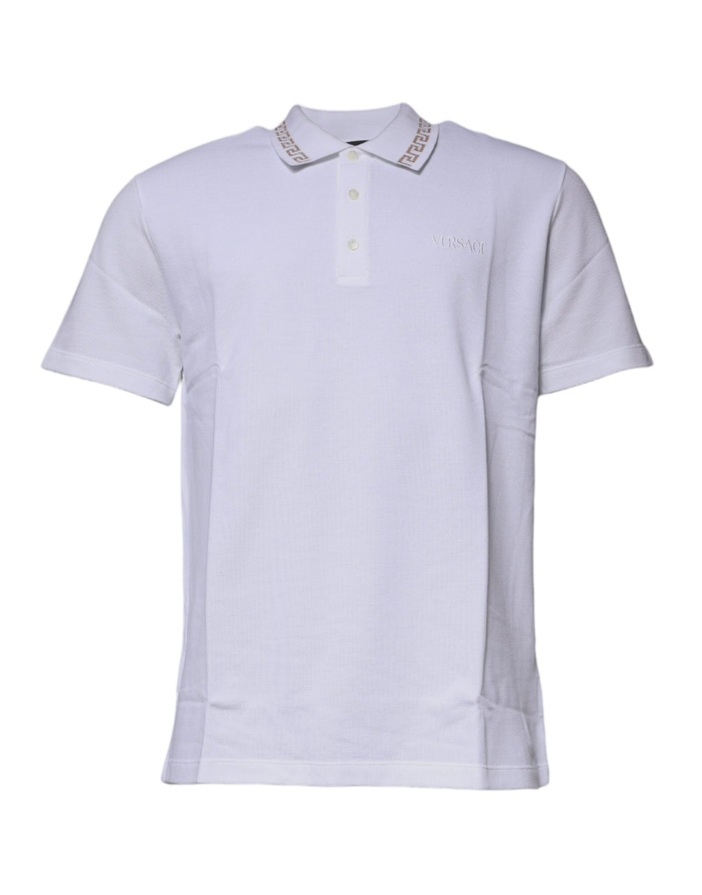 Polo pour homme Versace blanc en viscose à col, manches courtes, style élégant et confortable.