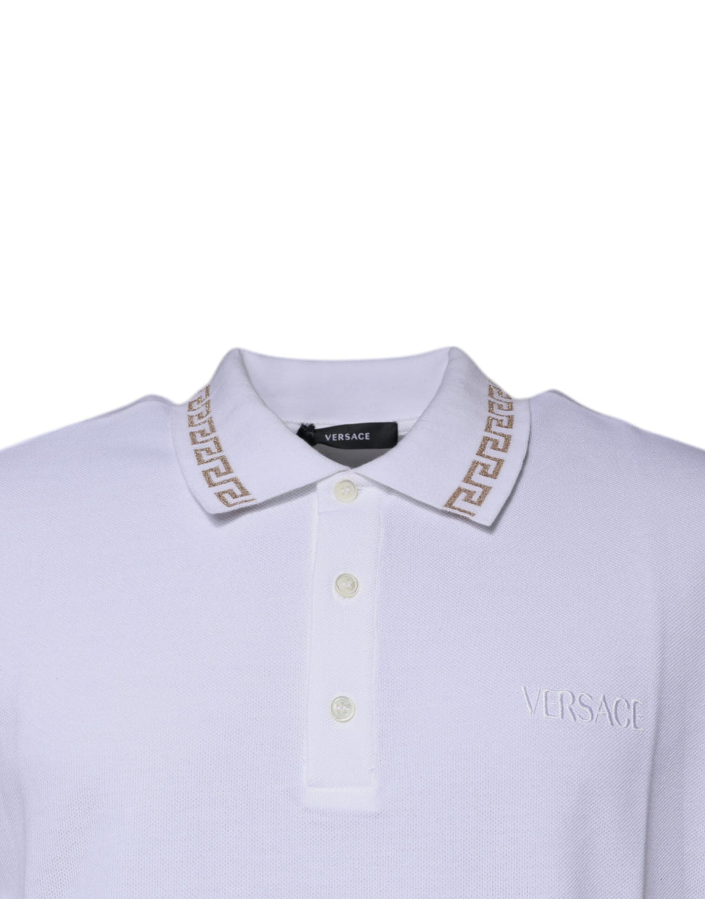 Polo pour homme Versace blanc en viscose avec col et manches courtes, style élégant et confortable.