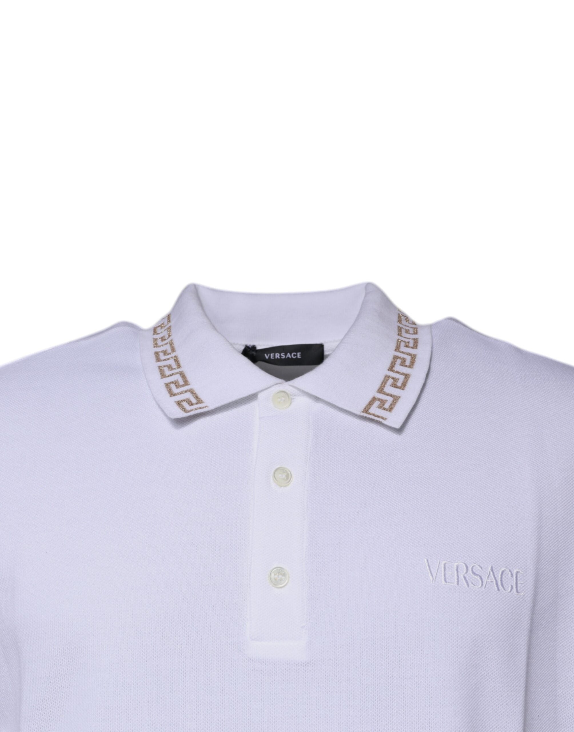 Polo pour homme Versace blanc en viscose avec col et manches courtes, style élégant et confortable.