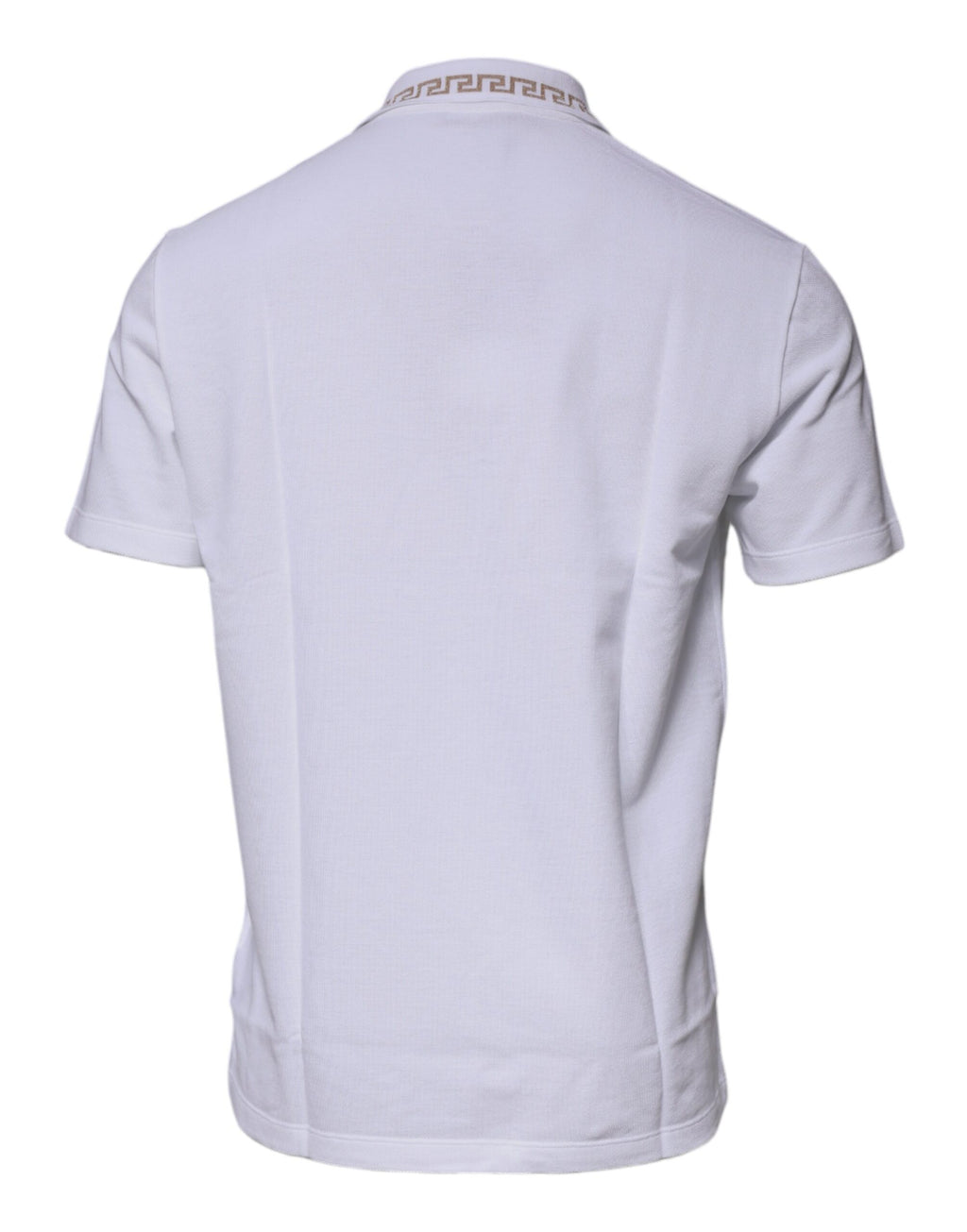 Polo pour homme Versace blanc en viscose avec col à manches courtes, élégant et confortable.