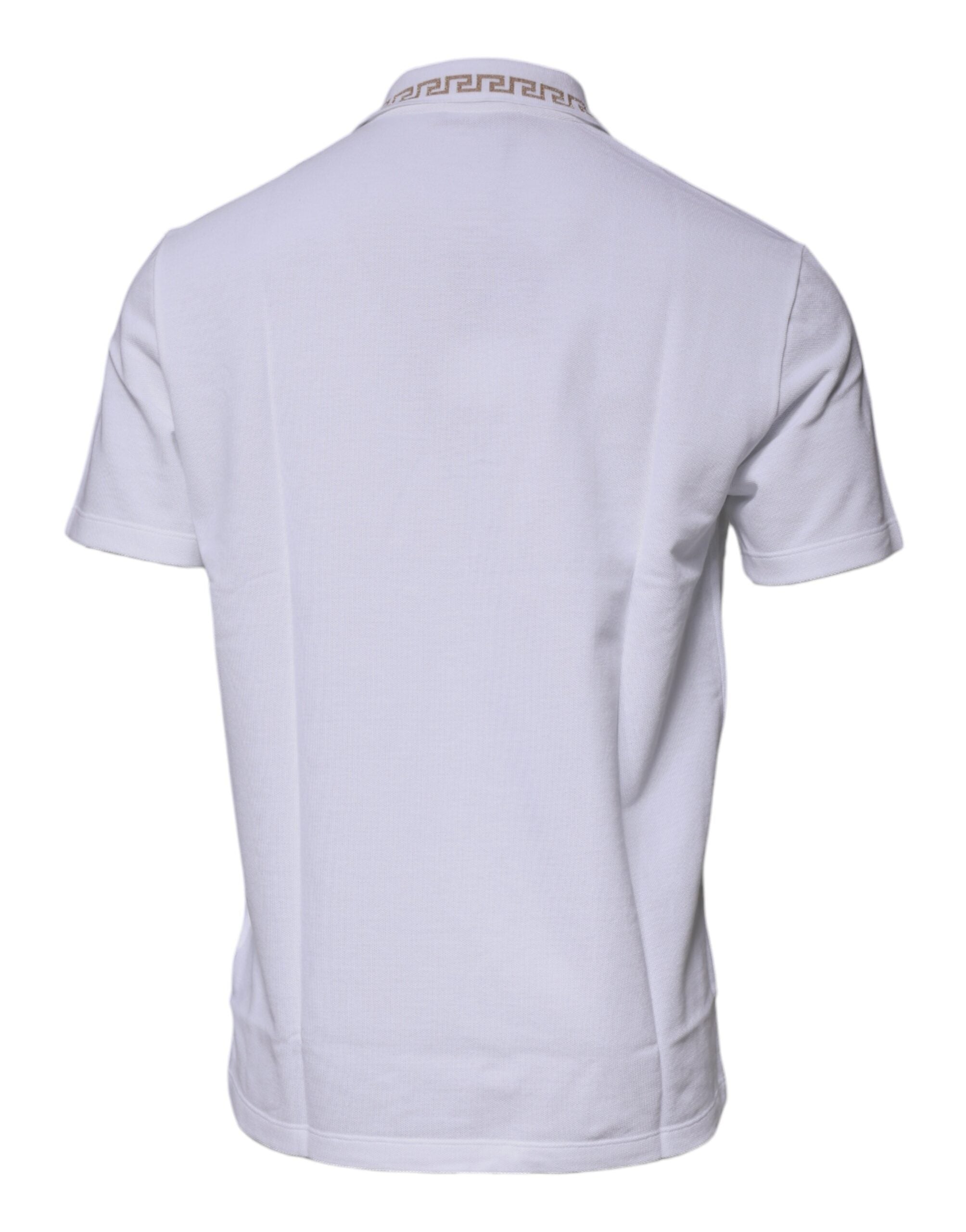 Polo pour homme Versace blanc en viscose avec col à manches courtes, élégant et confortable.