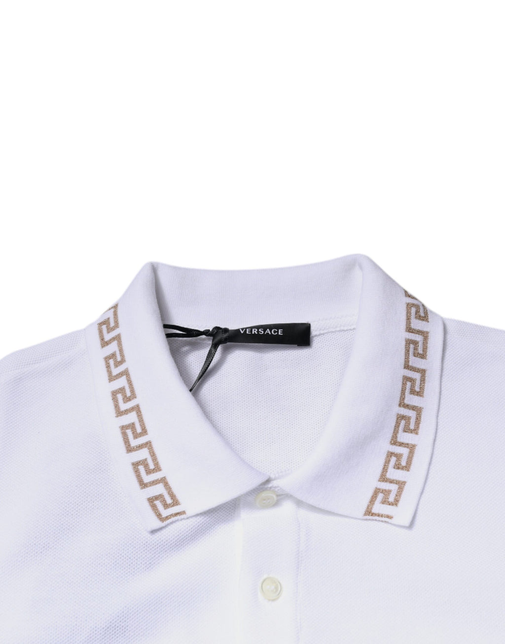 Polo homme Versace blanc en viscose à col, manches courtes, style élégant et classique.