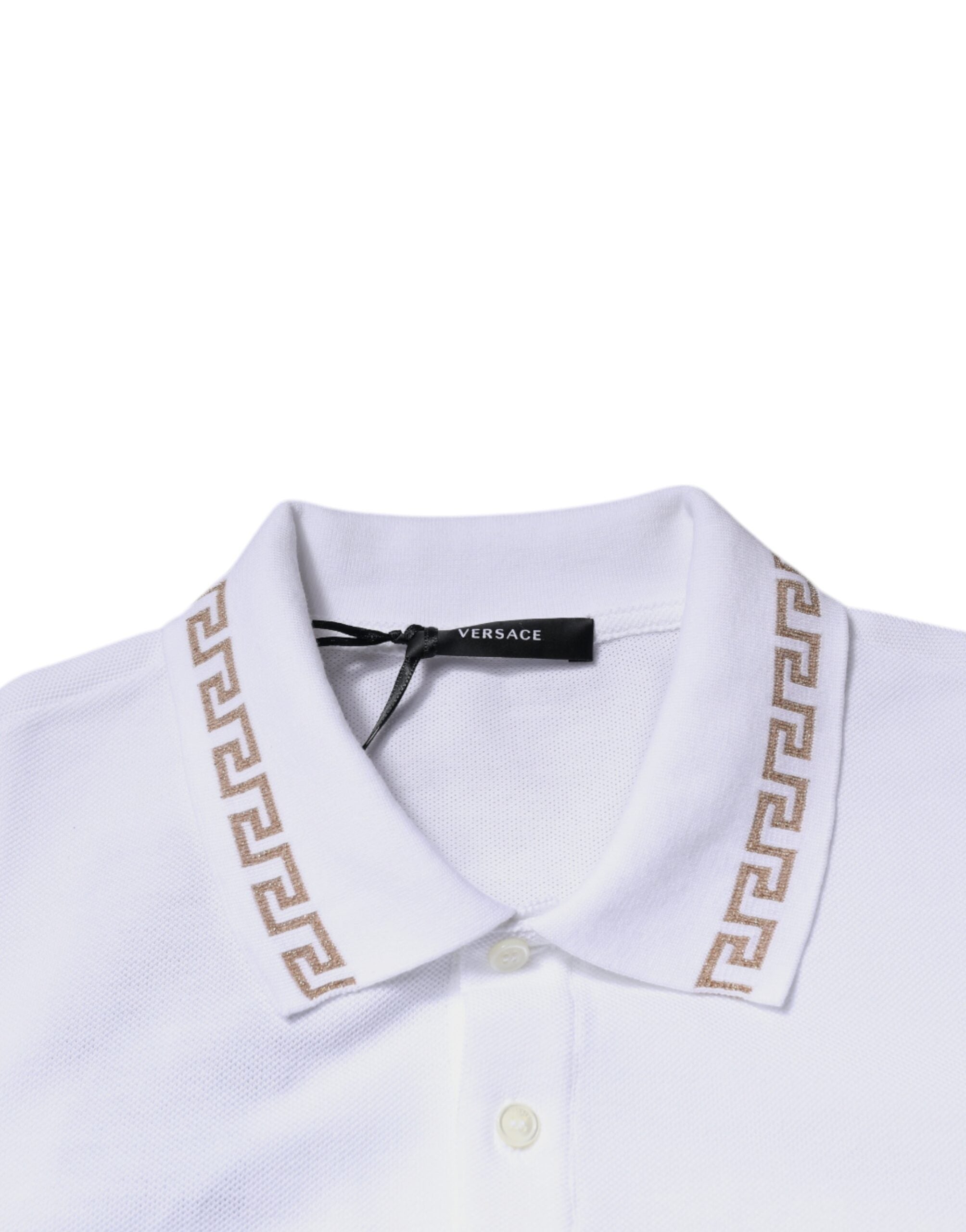 Polo homme Versace blanc en viscose à col, manches courtes, style élégant et classique.
