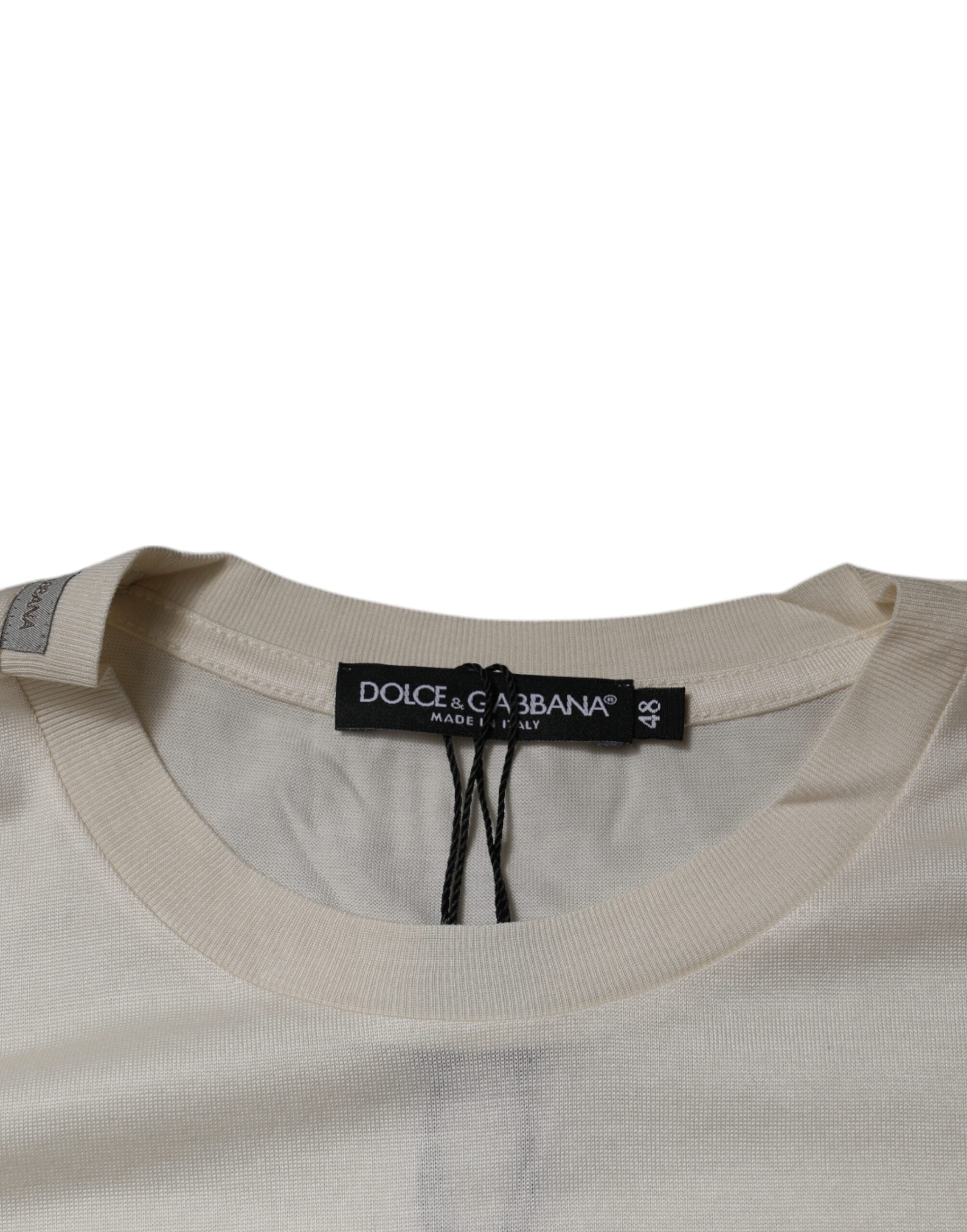 T-shirt Dolce & Gabbana en soie blanche à col rond et manches courtes, vue de face.