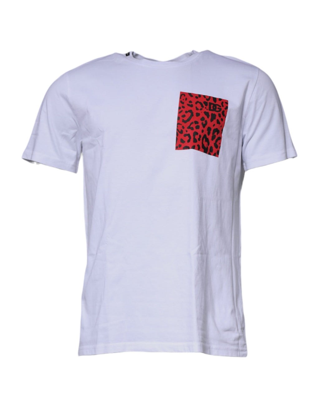 T-shirt en coton blanc à imprimé léopard rouge et blanc de Dolce & Gabbana, col rond, visible sur l'image.