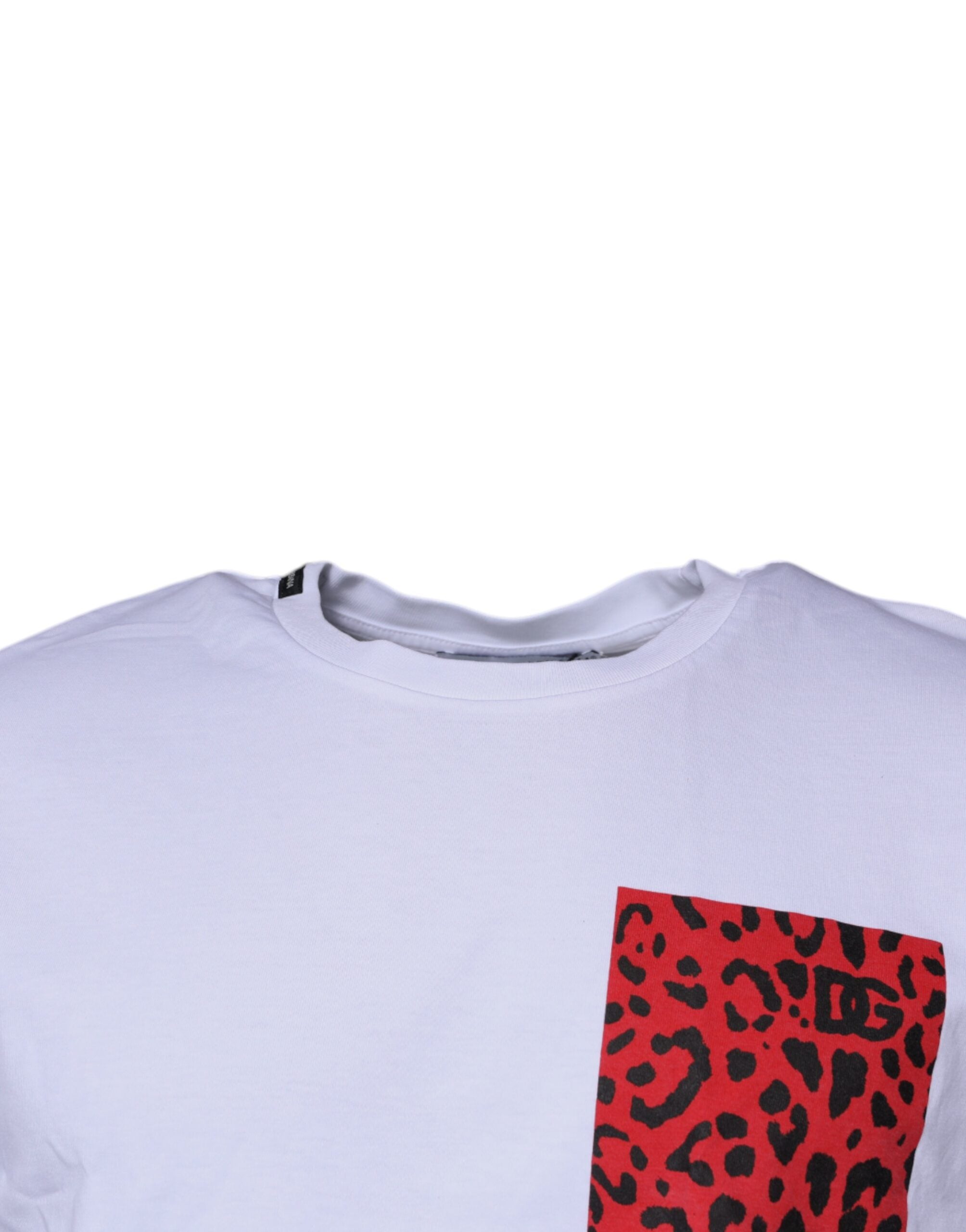 T-shirt blanc Dolce & Gabbana à col rond avec imprimé léopard rouge et blanc en coton.
