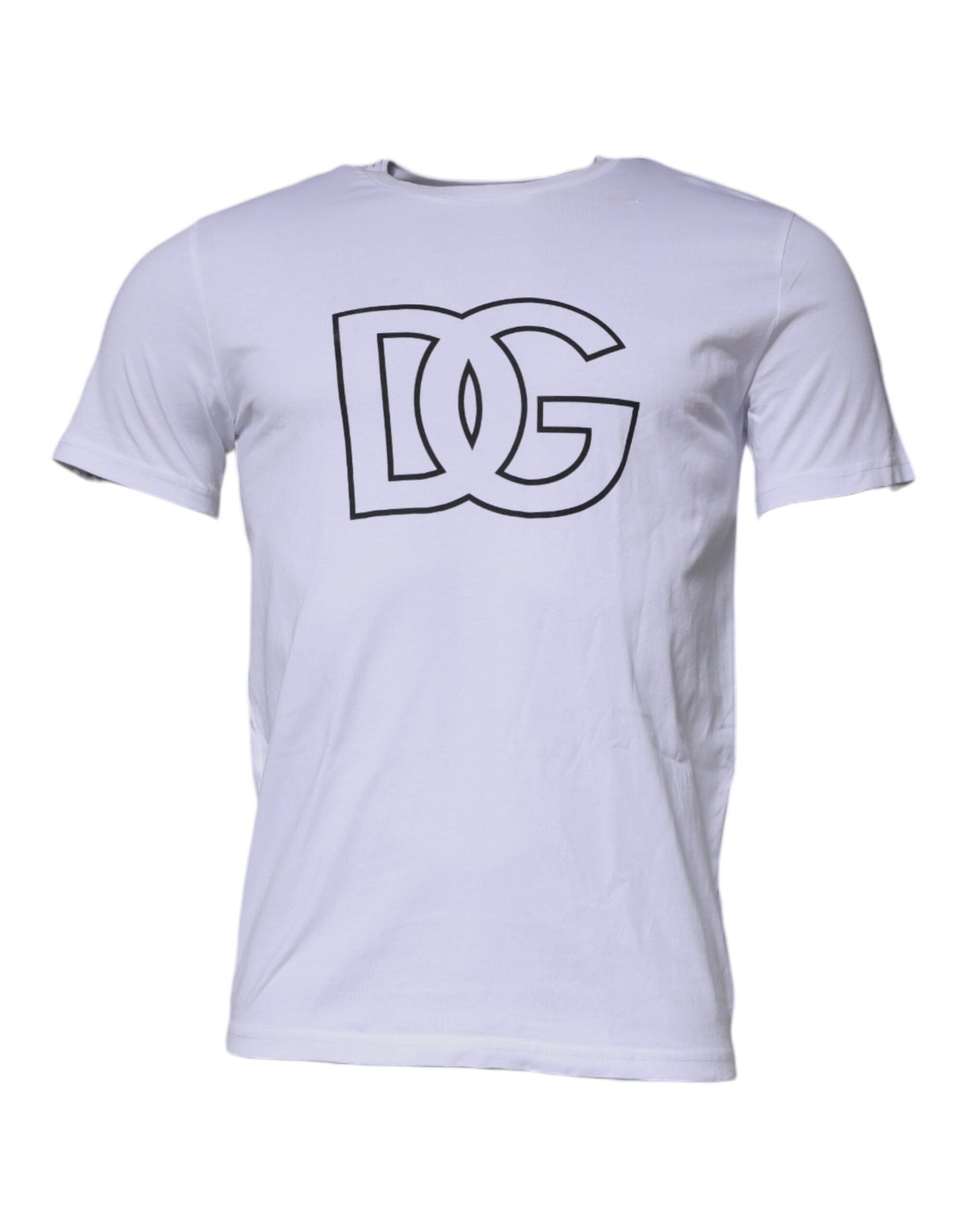 T-shirt blanc en coton Dolce & Gabbana avec logo DG, col rond, style casual, visible sur l'image.