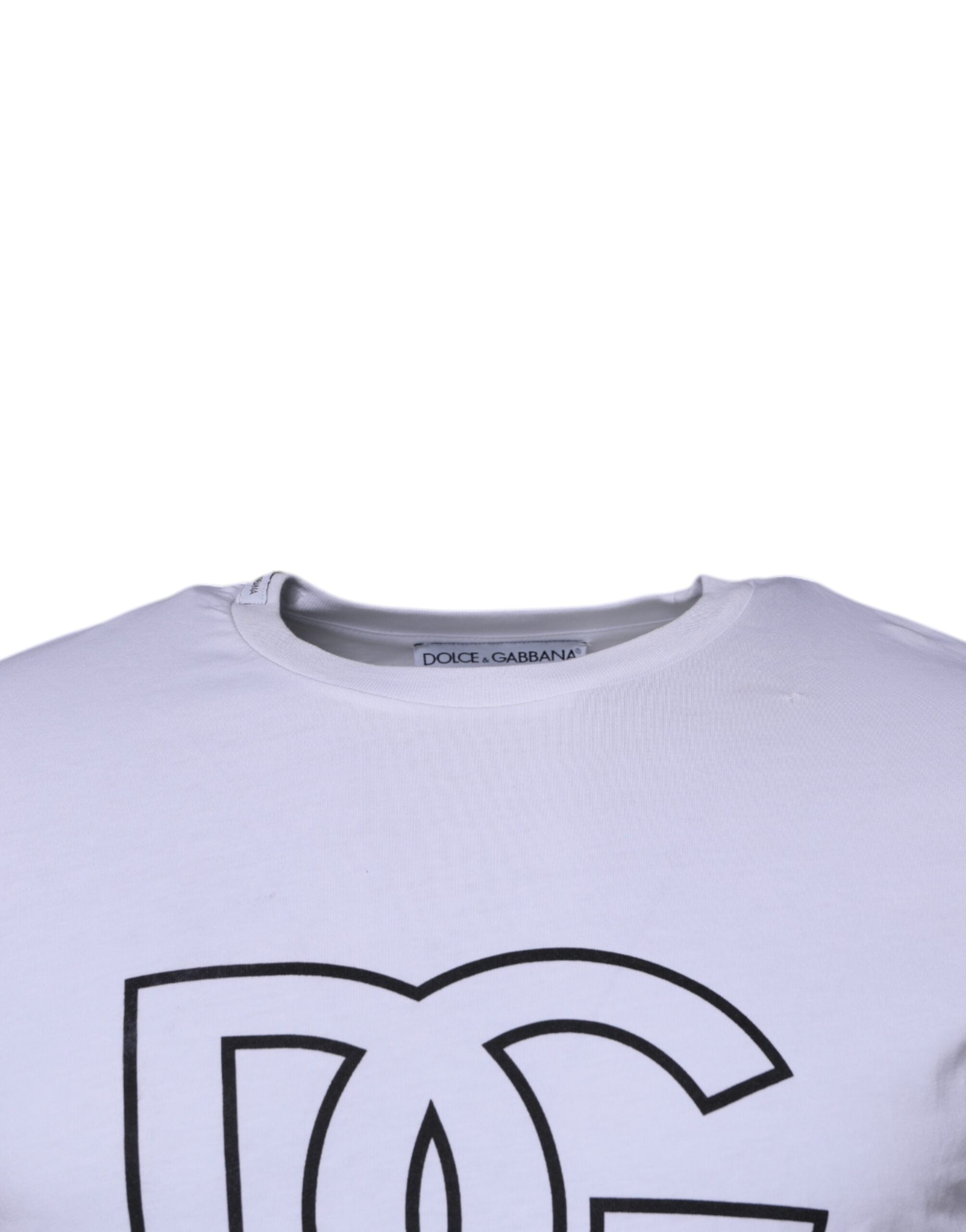T-shirt en coton blanc Dolce & Gabbana avec logo DG, col rond, vue de face avec logo visible sur la poitrine.