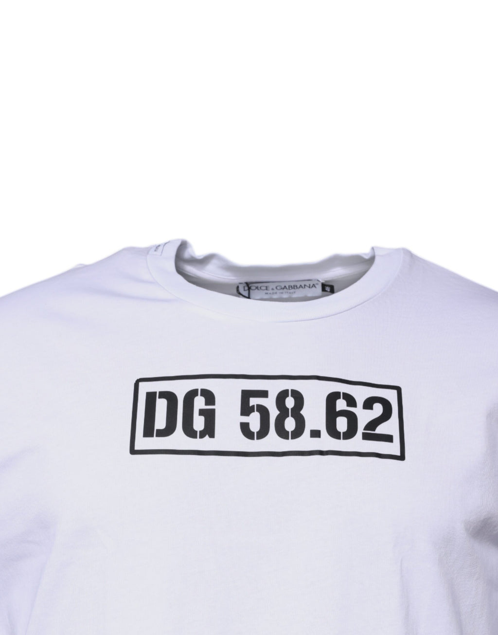 T-shirt blanc en coton Dolce & Gabbana avec logo DG sur le devant, col rond, style décontracté et moderne.
