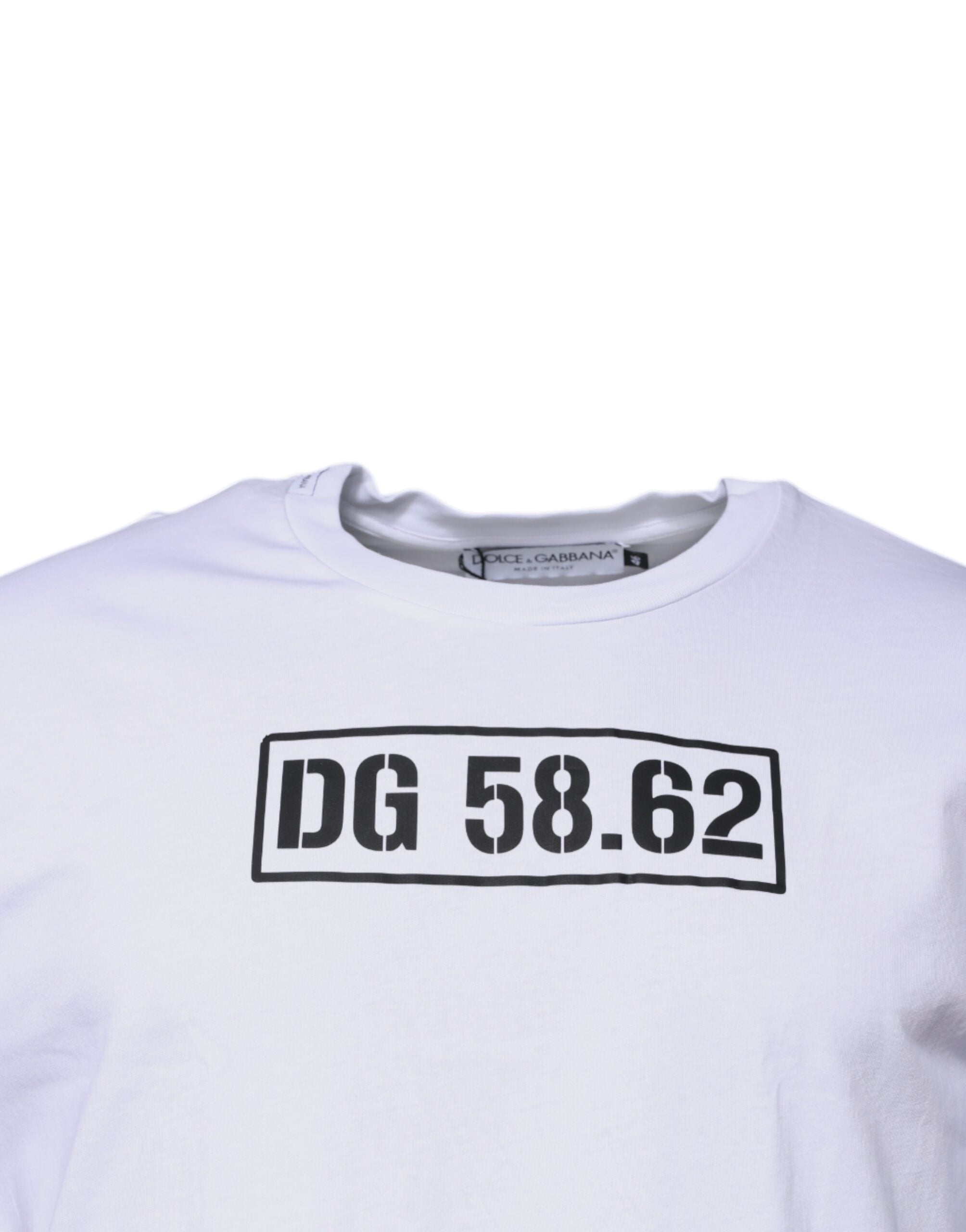 T-shirt blanc en coton Dolce & Gabbana avec logo DG sur le devant, col rond, style décontracté et moderne.
