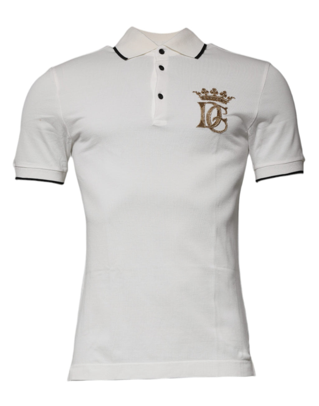 Polo blanc Dolce & Gabbana en coton avec col et broderie couronne, style élégant et classique.