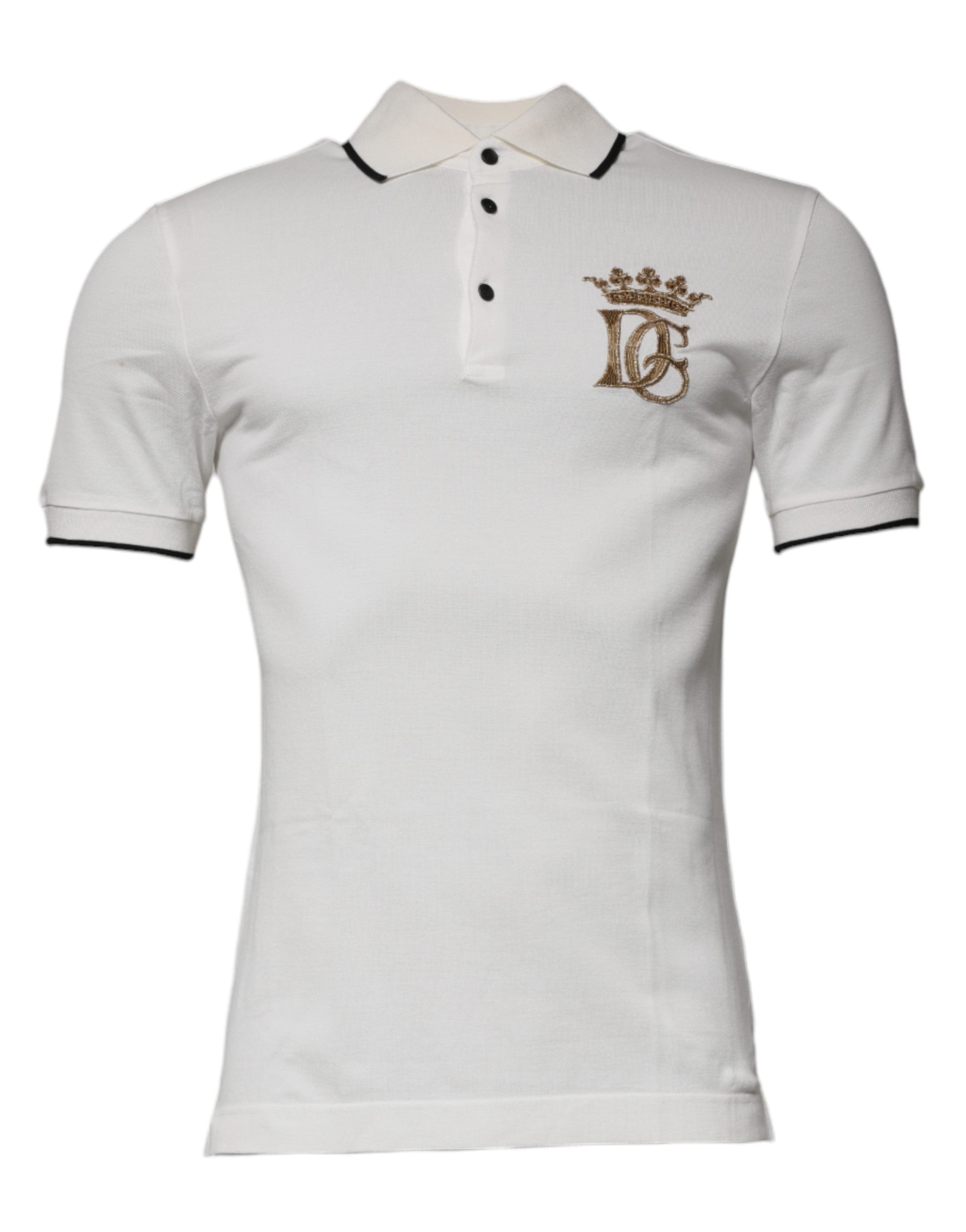 Polo blanc Dolce & Gabbana en coton avec col et broderie couronne, style élégant et classique.