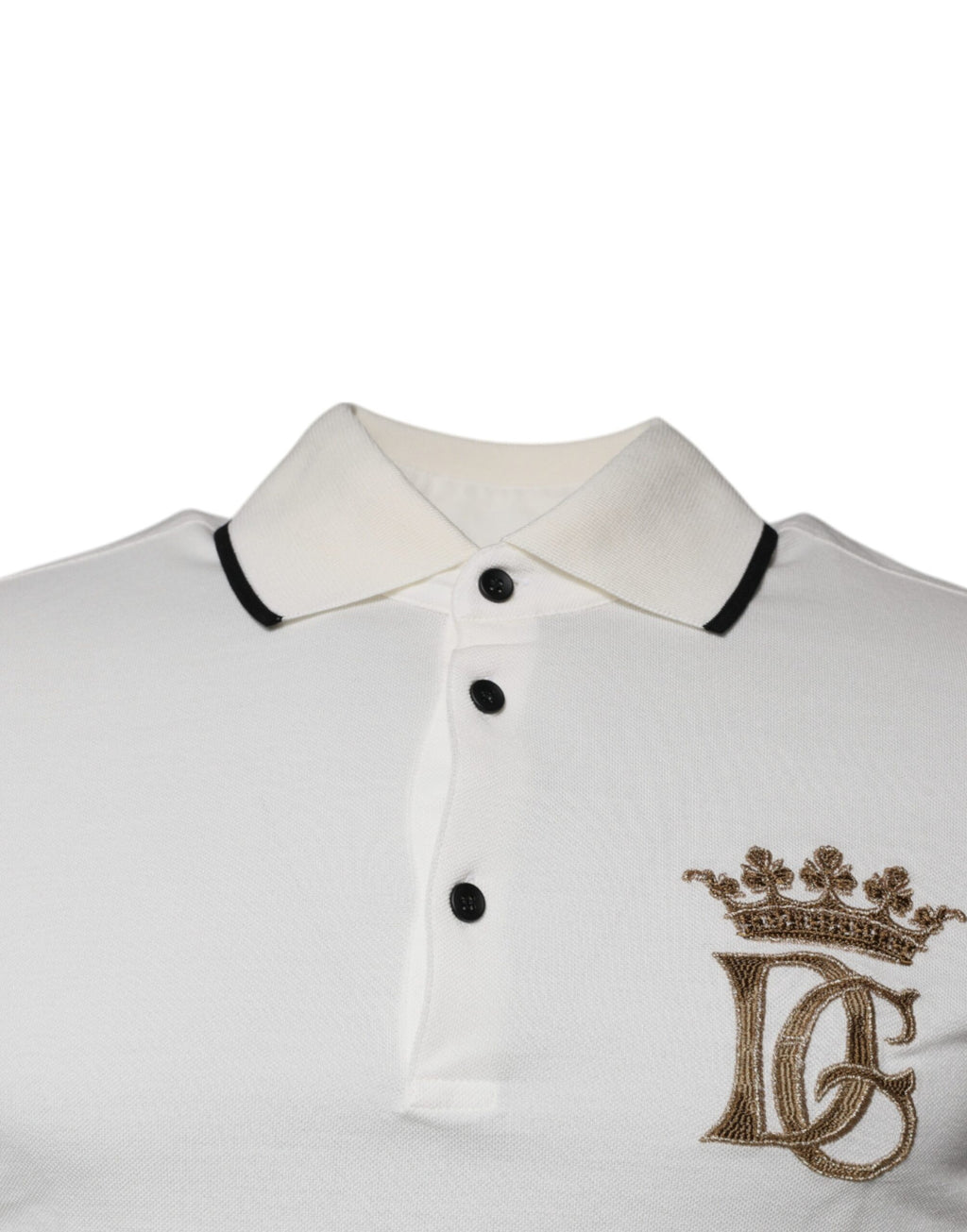 Polo en coton blanc avec col et couronne Dolce & Gabbana, style décontracté et élégant.