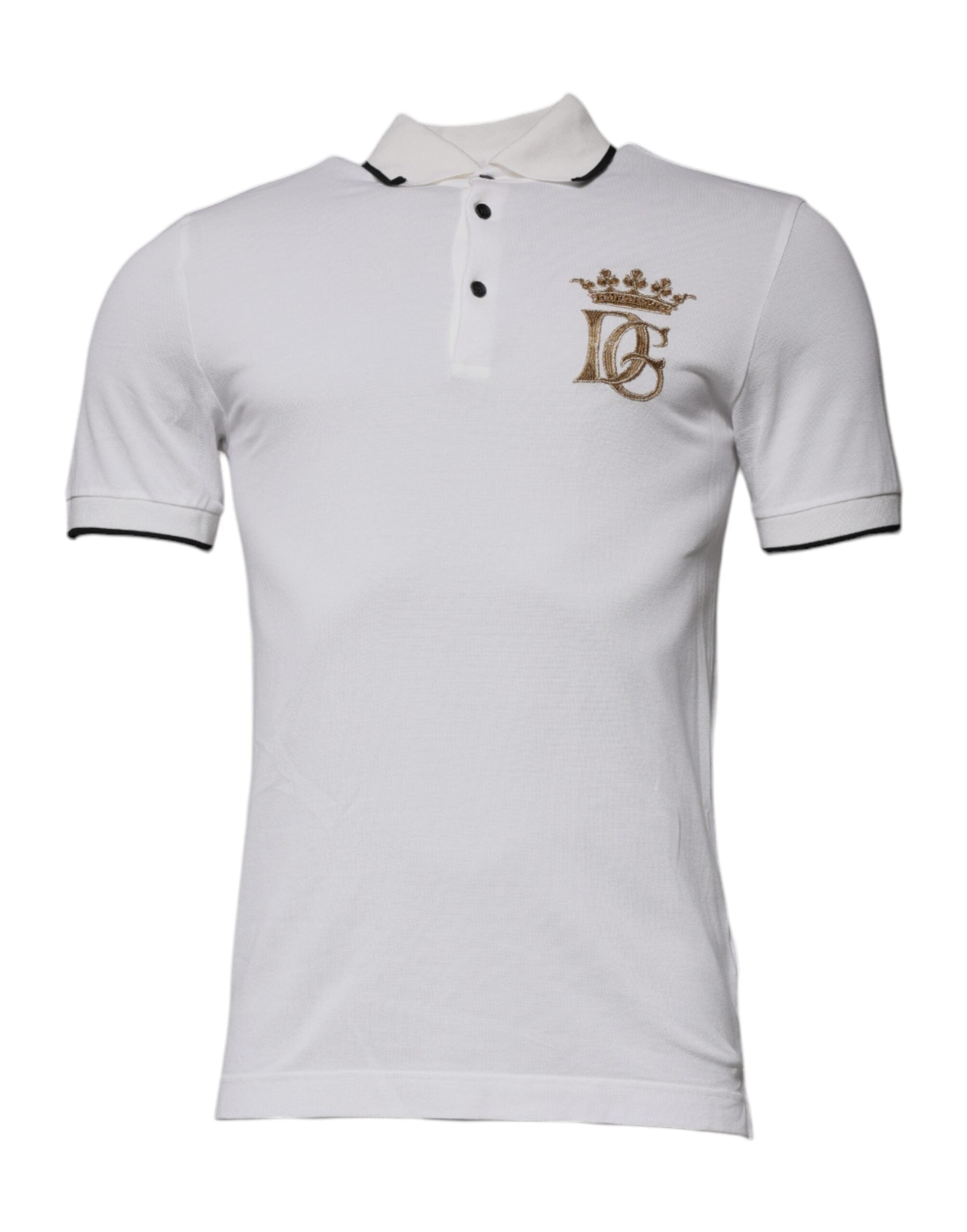 Polo homme Dolce & Gabbana en coton blanc avec col et couronne brodés, style décontracté et élégant.