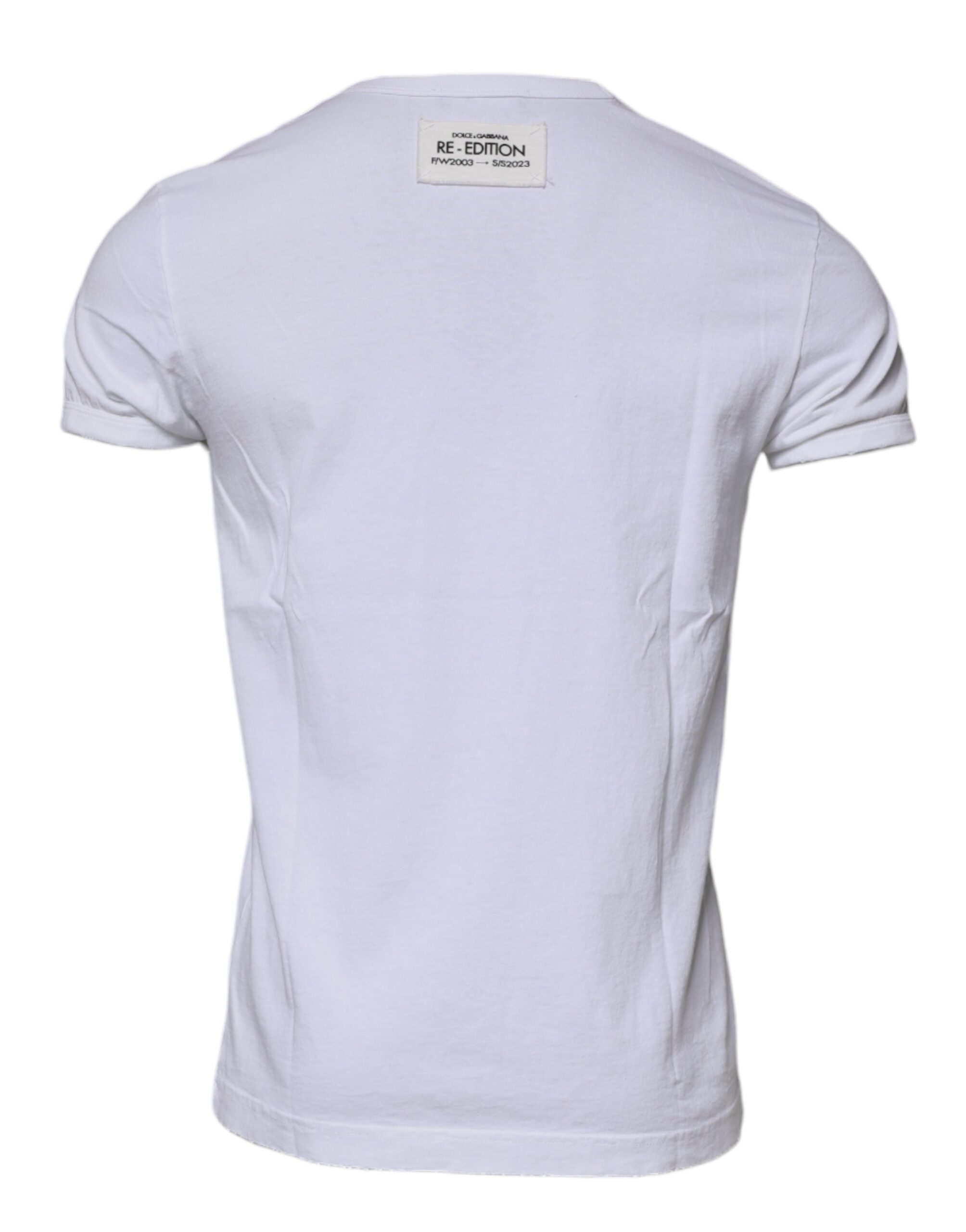 T-shirt blanc à rayures Dolce & Gabbana à manches courtes et col rond, mode élégante et décontractée.