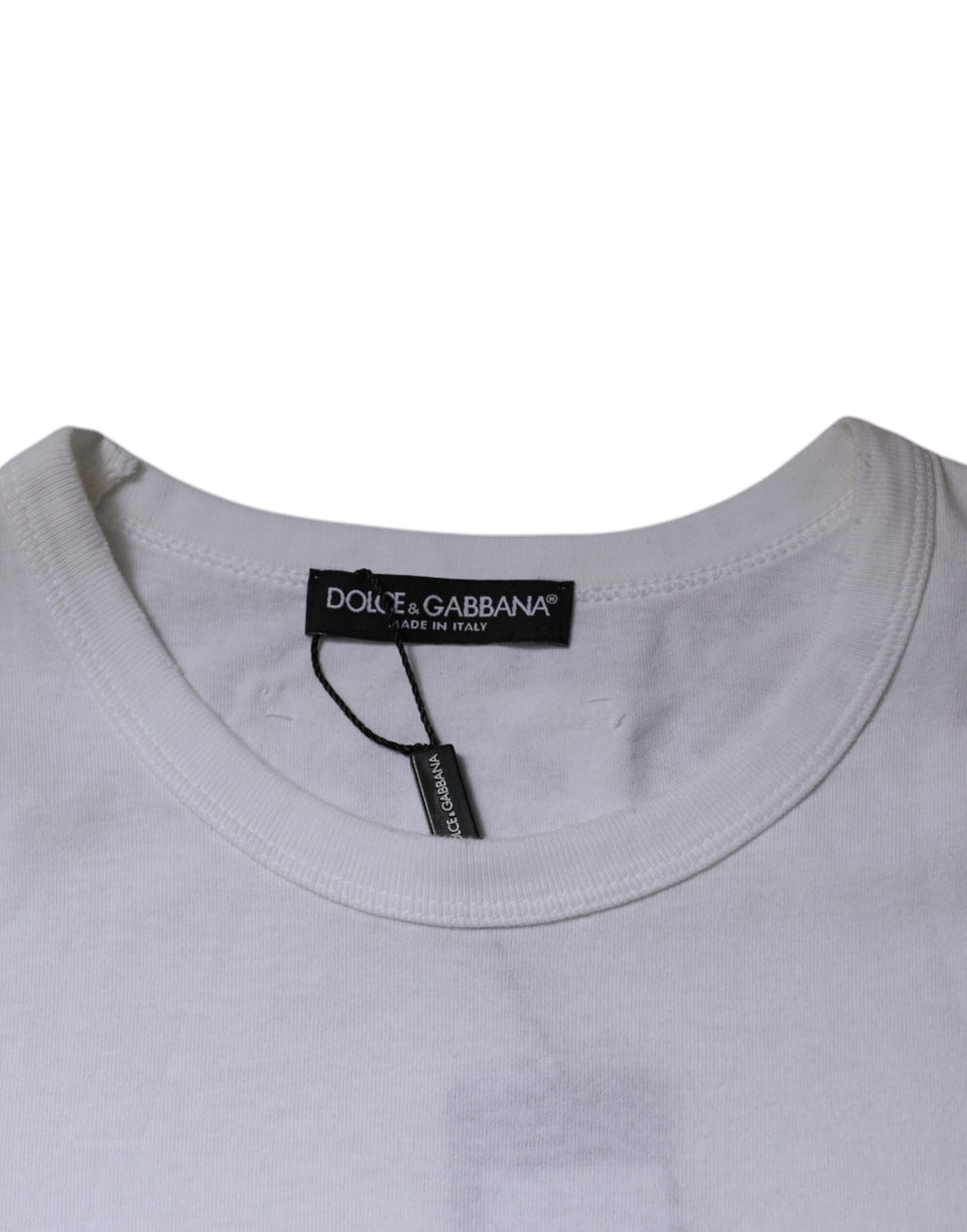 T-shirt à manches courtes Dolce & Gabbana blanc avec rayures sur le col, style décontracté et élégant.