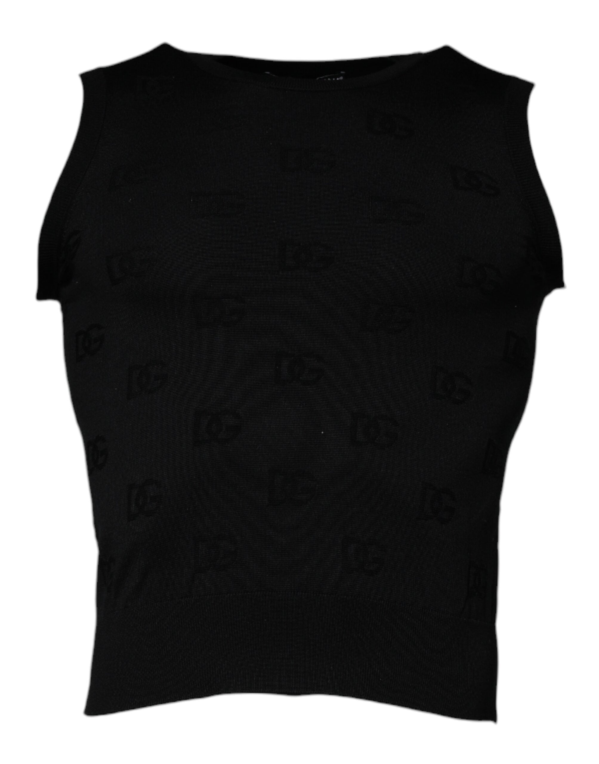 T-shirt sans manches en soie noire Dolce & Gabbana à col rond, vue de face, élégante et sophistiquée.