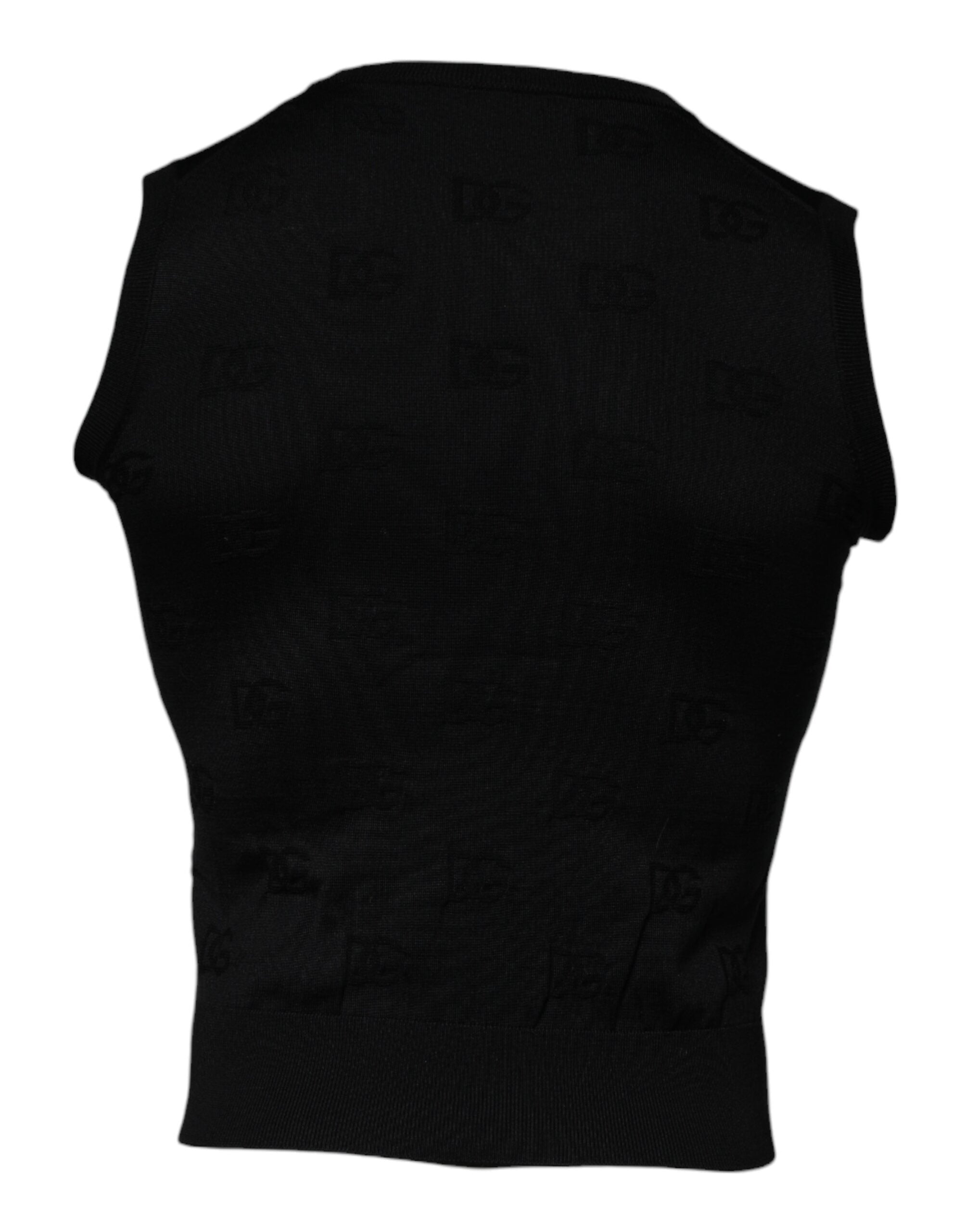 T-shirt sans manches en soie noire Dolce & Gabbana à col rond, vue de face.