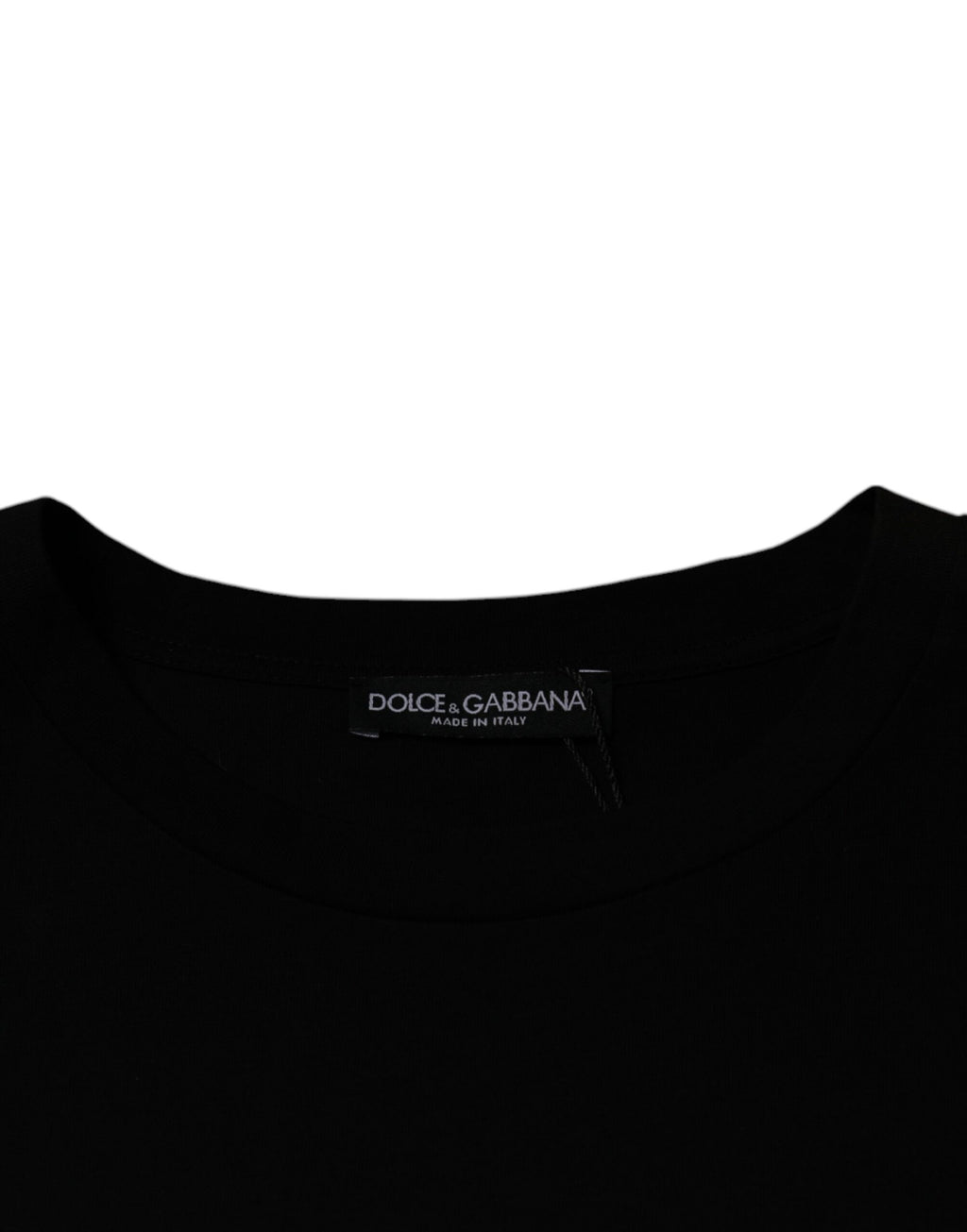T-shirt Dolce & Gabbana à manches courtes et col rond noir, en coton, vue de face sur fond blanc.