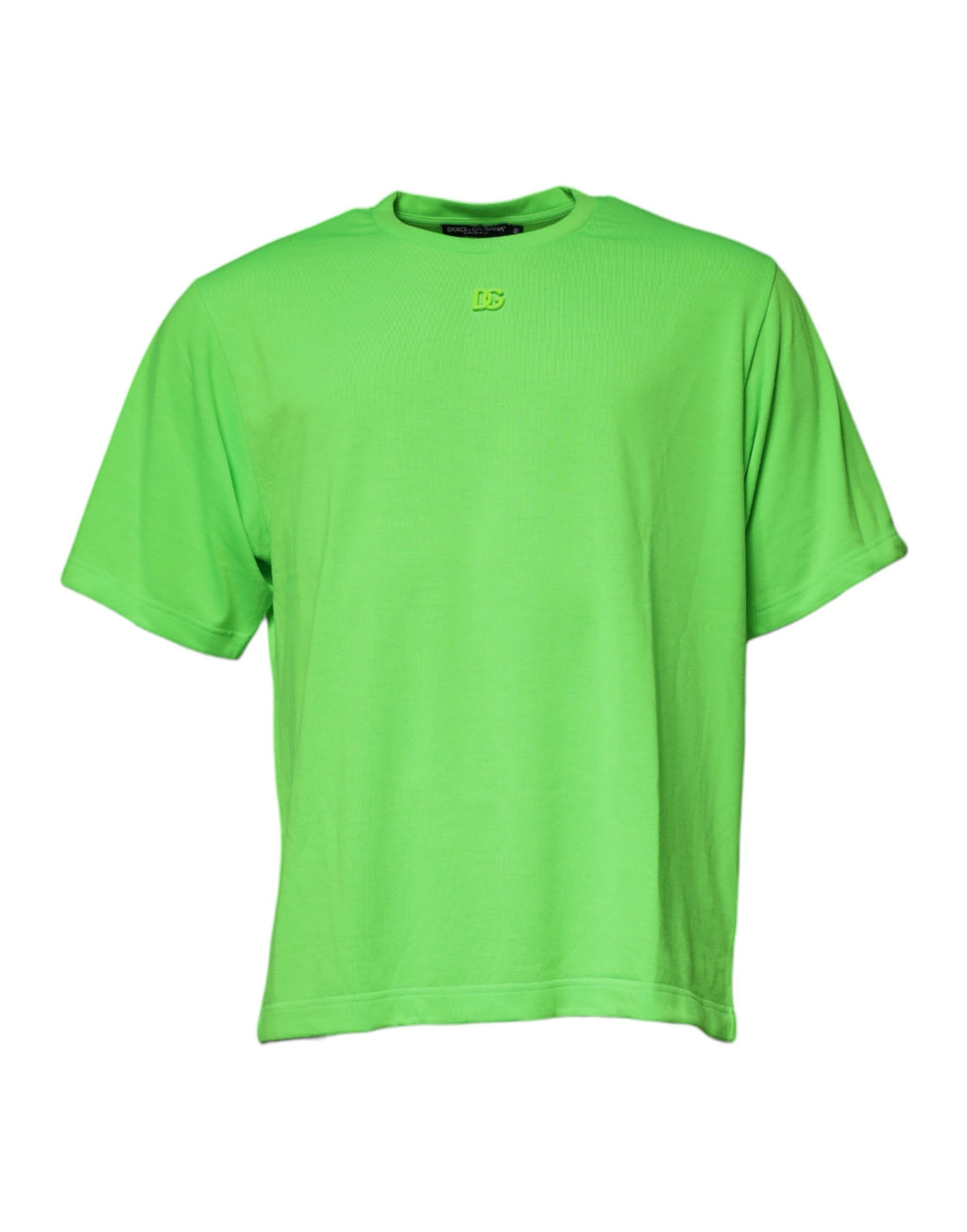 T-shirt en coton vert Dolce & Gabbana avec logo DG, col rond, style décontracté, visible en gros plan.