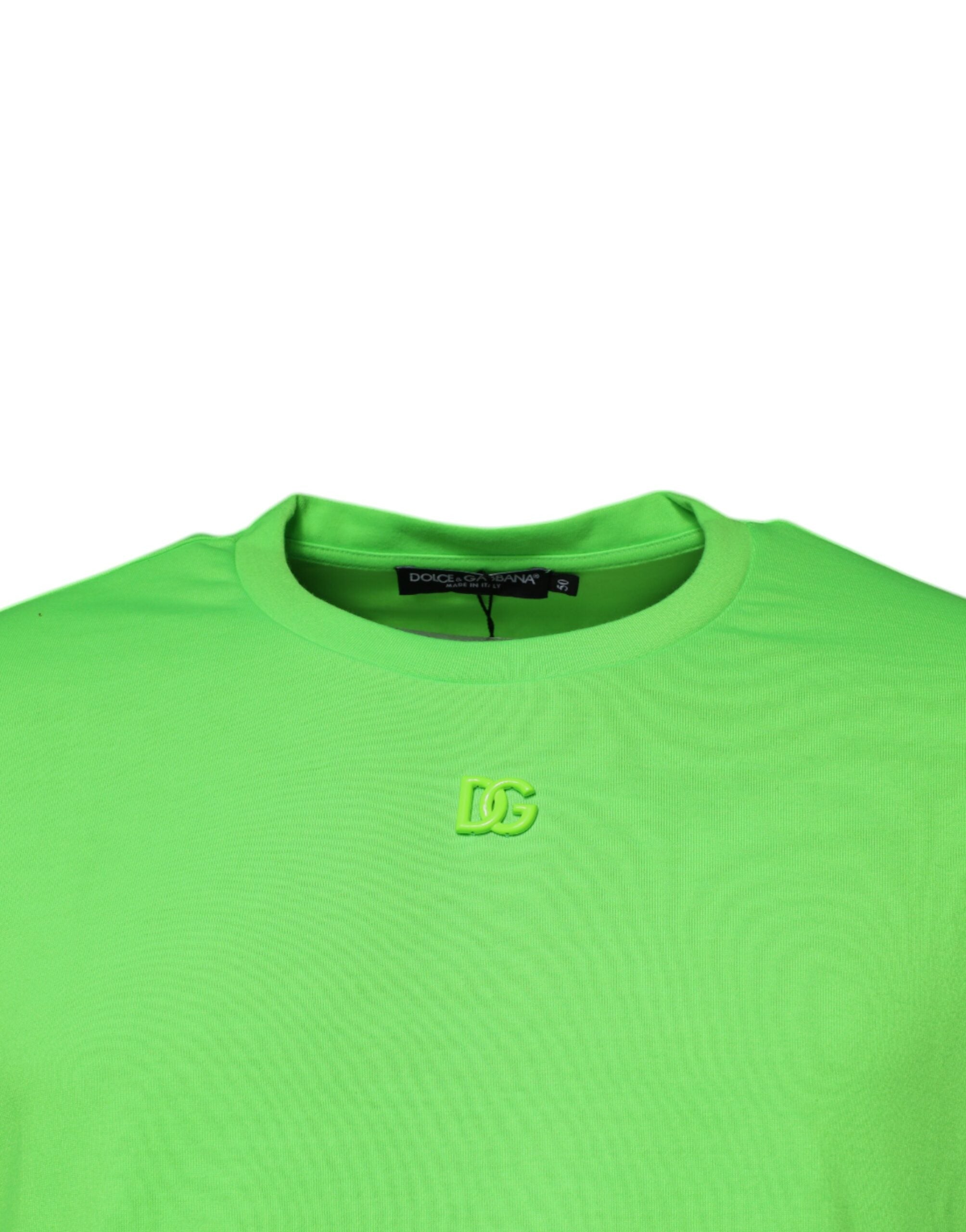 T-shirt en coton vert Dolce & Gabbana avec logo DG, col rond, style décontracté, visible en gros plan.