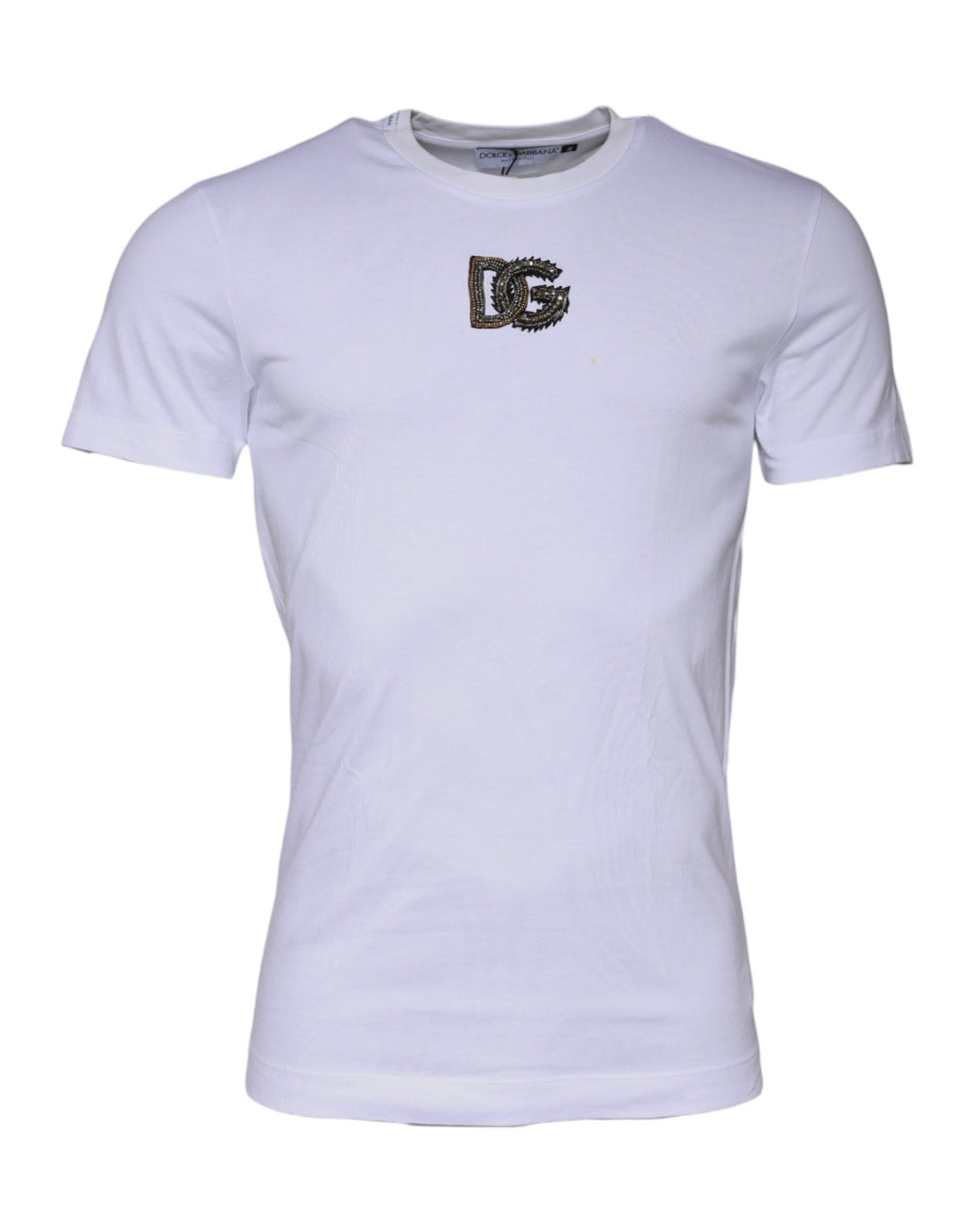 T-shirt blanc en coton Dolce & Gabbana avec logo DG, col ras du cou, vue de face.