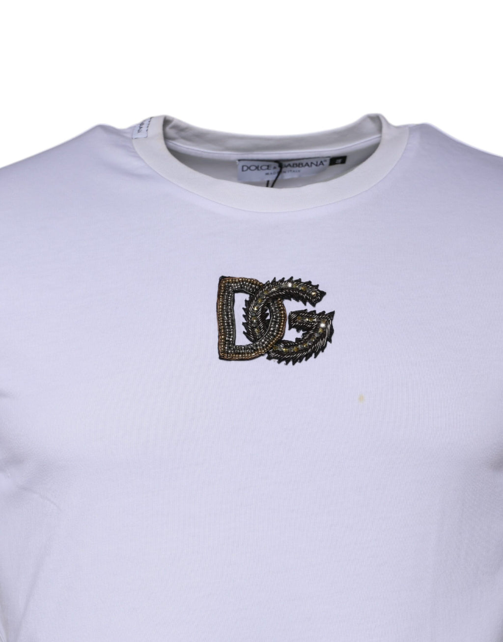 T-shirt blanc Dolce & Gabbana en coton avec logo DG, col rond, image montrant le devant du vêtement.