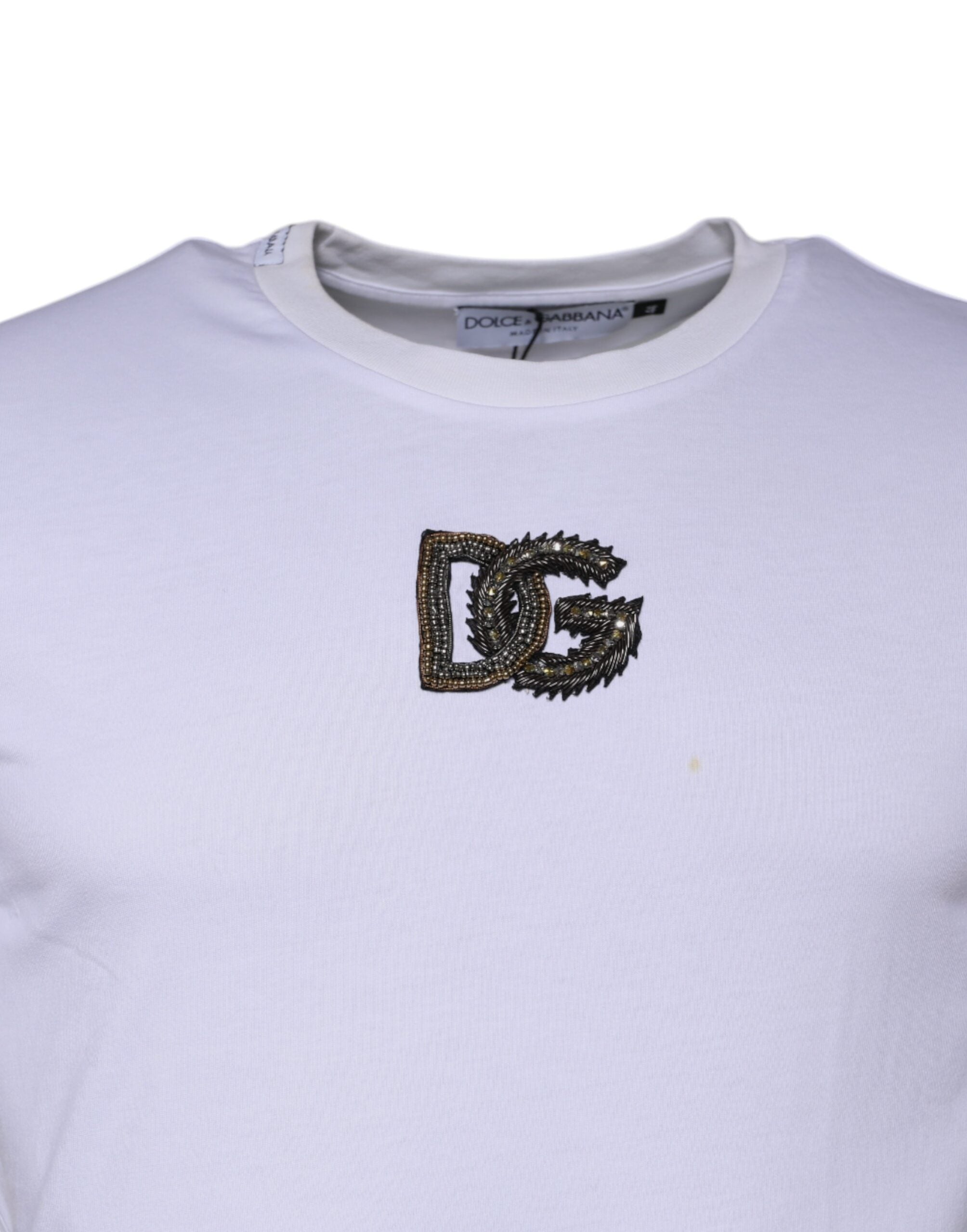 T-shirt blanc Dolce & Gabbana en coton avec logo DG, col rond, image montrant le devant du vêtement.