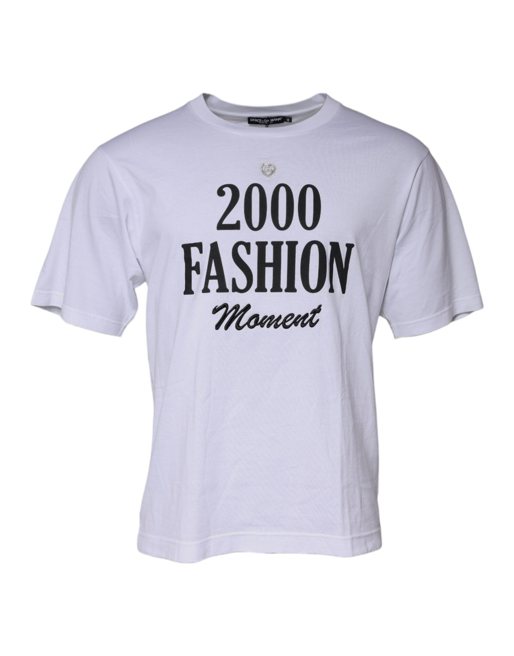 T-shirt blanc en coton Dolce & Gabbana avec motif graphique, col rond, vue de face sur fond neutre.