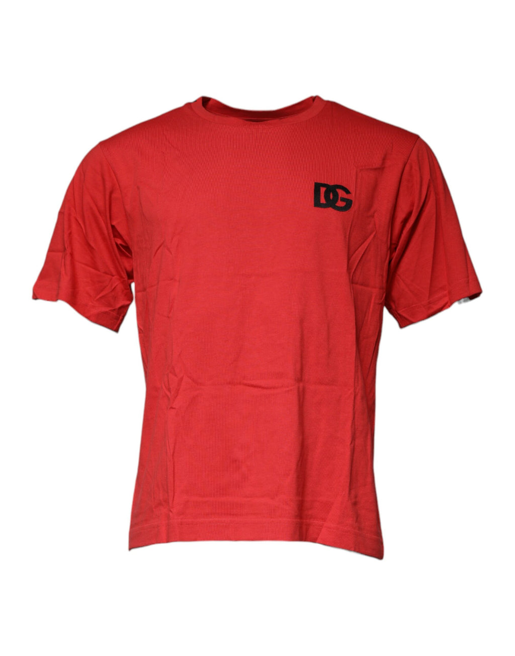 T-shirt à col rond en coton rouge Dolce & Gabbana avec logo DG imprimé sur la poitrine, vue de face.