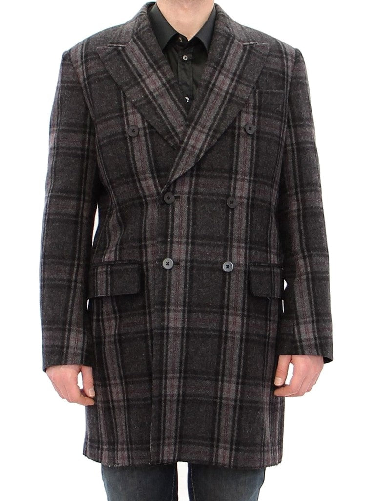 Manteau gris à double boutonnage de Dolce & Gabbana, veste élégante en laine avec col classique et poches latérales.