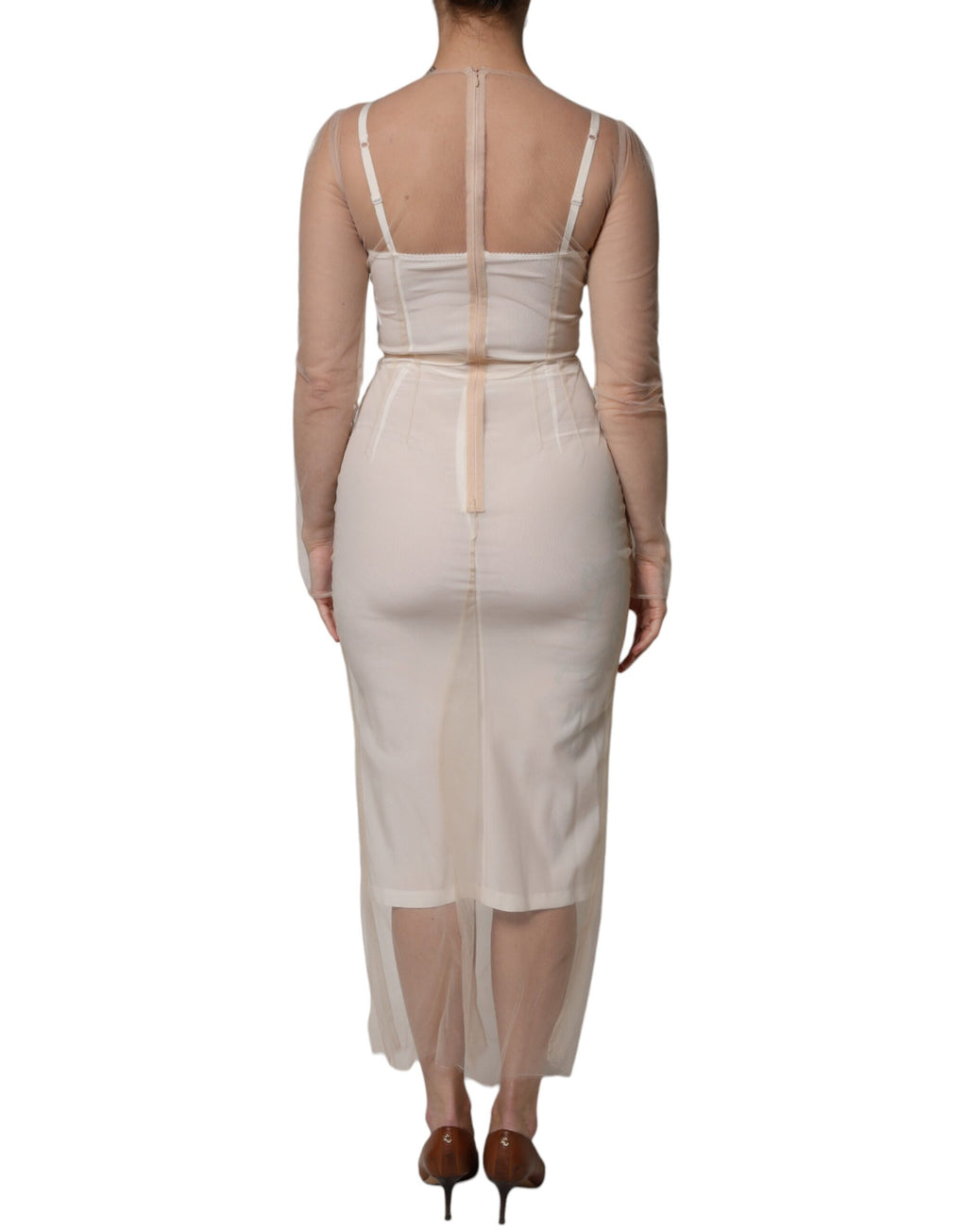 Robe midi moulante en tulle blanc transparente de Dolce & Gabbana, bustier élégante et silhouette flatteuse.