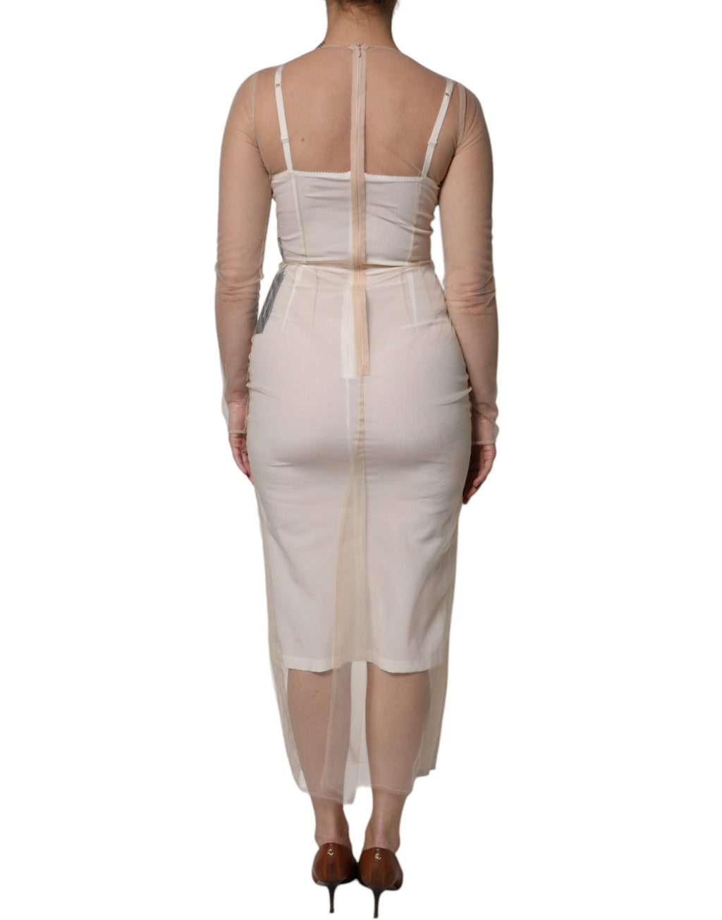 Robe midi moulante en tulle blanc transparent de Dolce & Gabbana, bustier élégante et sophistiquée.