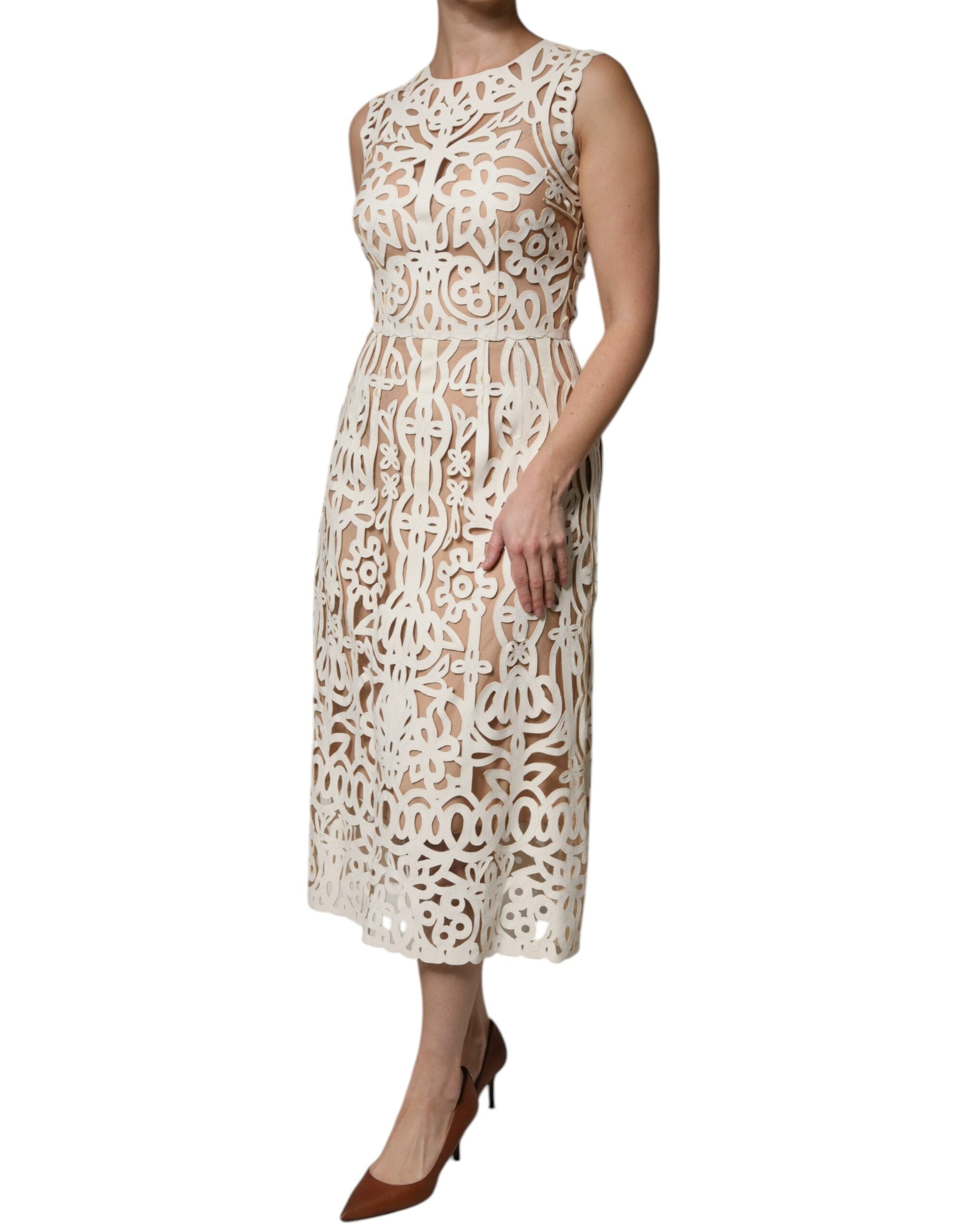 Robe midi sans manches en cuir blanc avec découpes, Dolce & Gabbana, élégante et moderne.