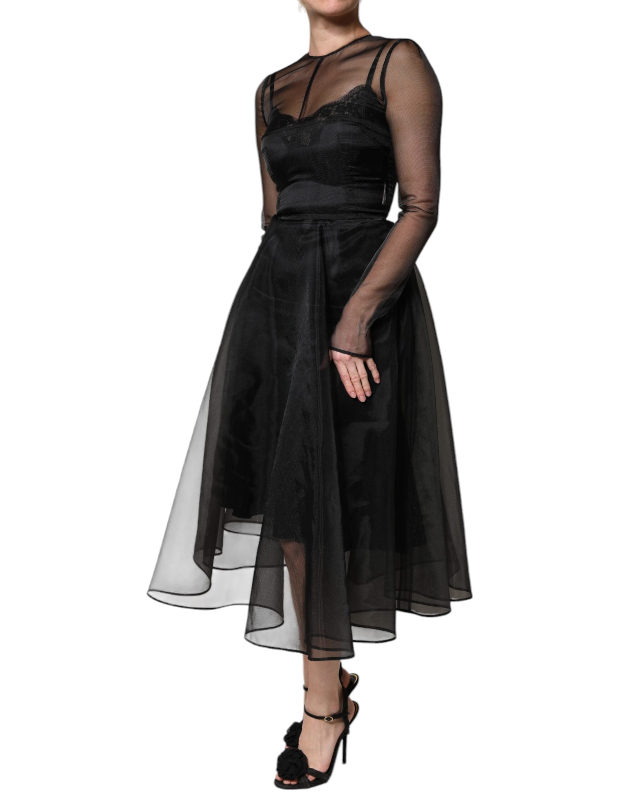 Robe cocktail midi en tulle noir Dolce & Gabbana, coupe A-line élégante avec détails raffinés.