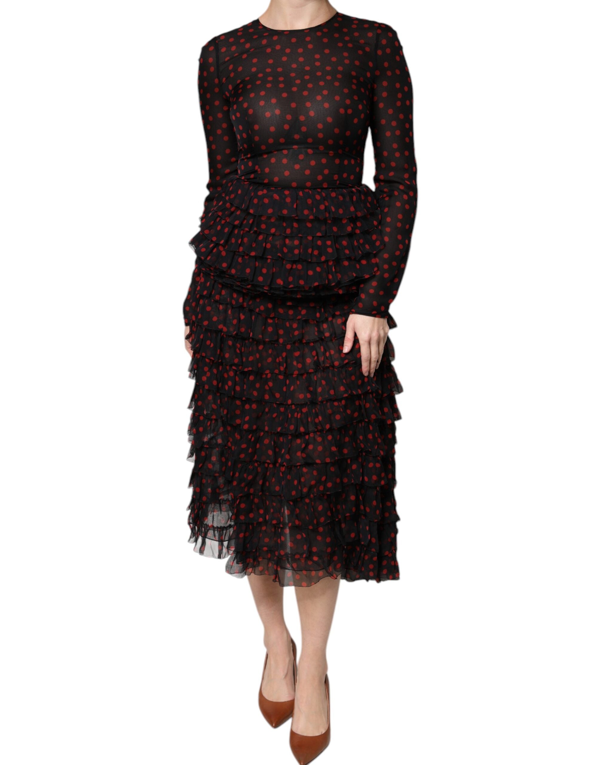 Robe midi en soie noire et rouge à pois de Dolce & Gabbana, vêtement à couches avec style élégant.