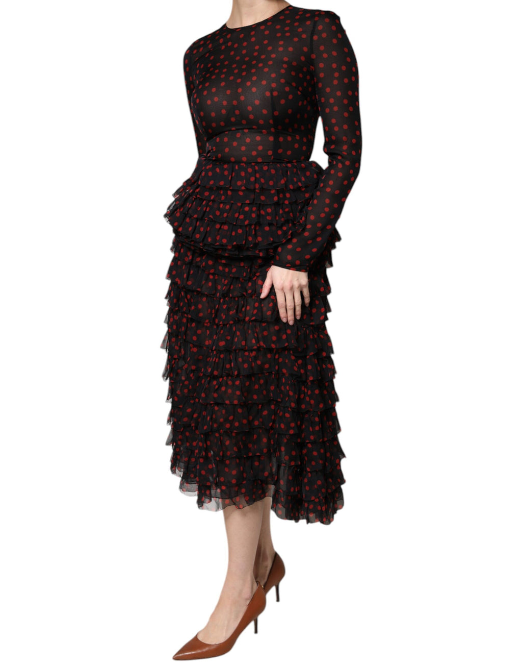 Robe midi en soie noire à pois rouges de Dolce & Gabbana, robe en couches élégantes et élégante.