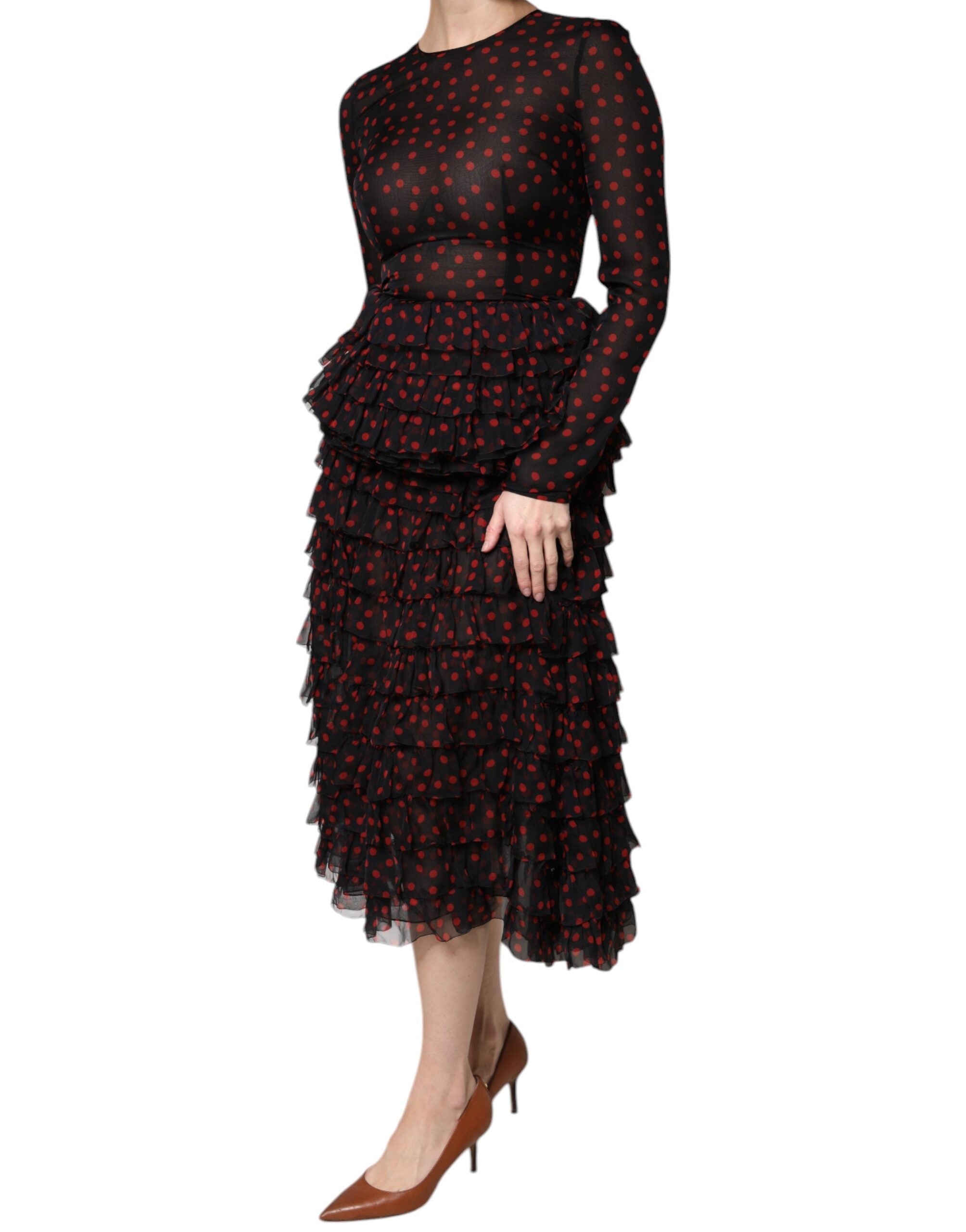 Robe midi en soie noire à pois rouges de Dolce & Gabbana, robe en couches élégantes et élégante.