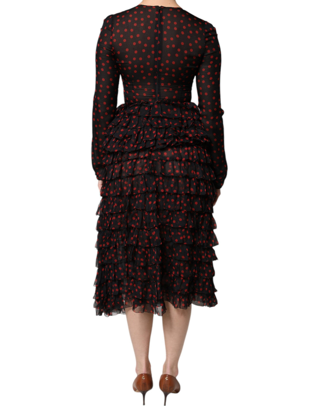 Robe midi en soie noire et rouge à pois Dolce & Gabbana, couche superposée, élégante et sophistiquée.