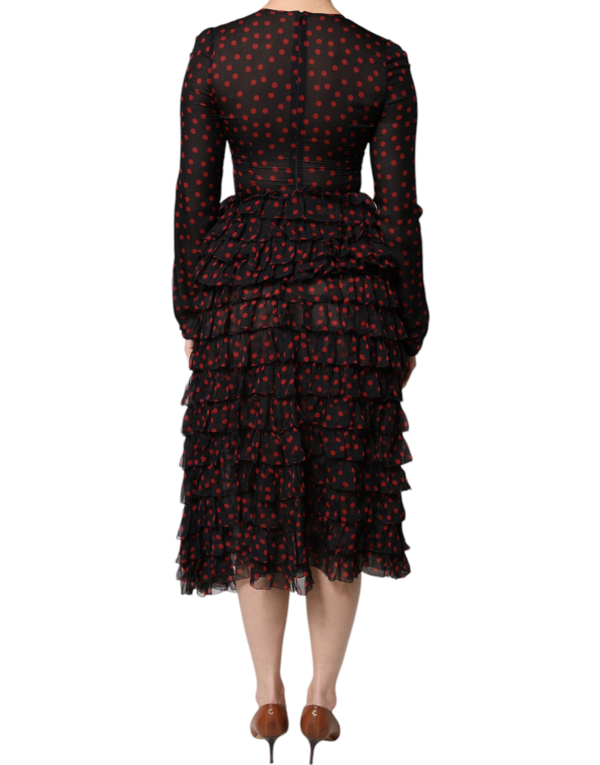 Robe midi en soie noire et rouge à pois Dolce & Gabbana, couche superposée, élégante et sophistiquée.