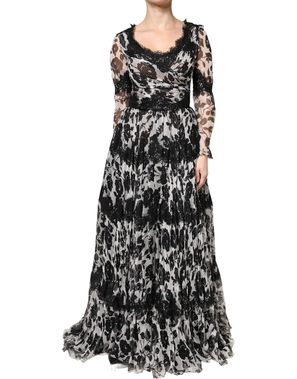 Robe maxi noire en soie Dolce & Gabbana avec dentelle florale en ricamo, élégante et sophistiquée.
