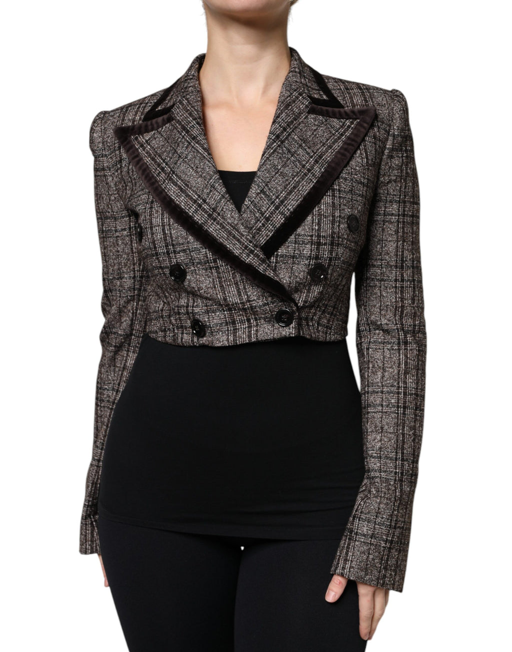 Manteau court à manches longues en tartan marron de Dolce & Gabbana, veste élégante avec motif à carreaux.