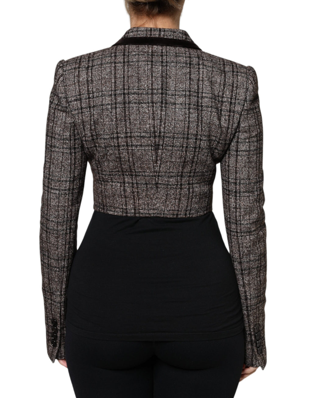 Veste courte à manches longues Dolce & Gabbana en tartan marron, coupe crop, style élégant et tendance.