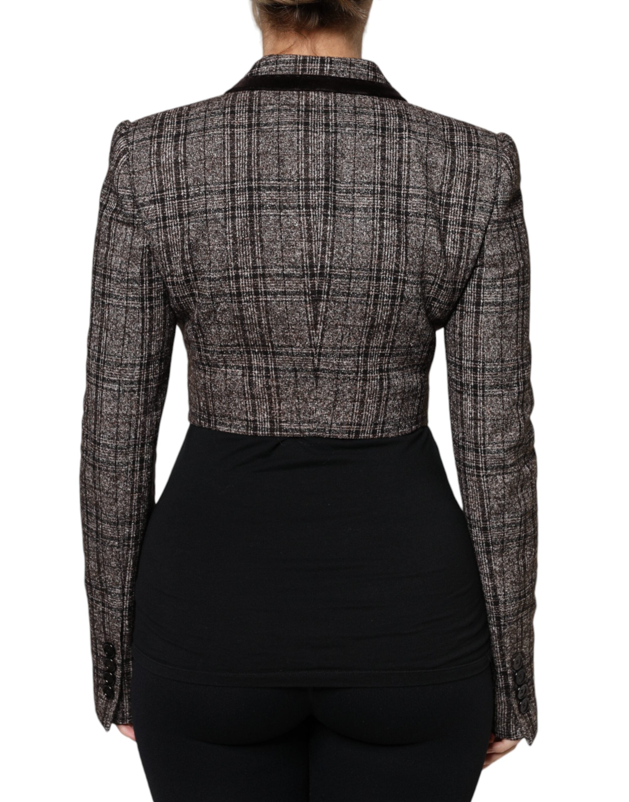 Veste courte à manches longues Dolce & Gabbana en tartan marron, coupe crop, style élégant et tendance.